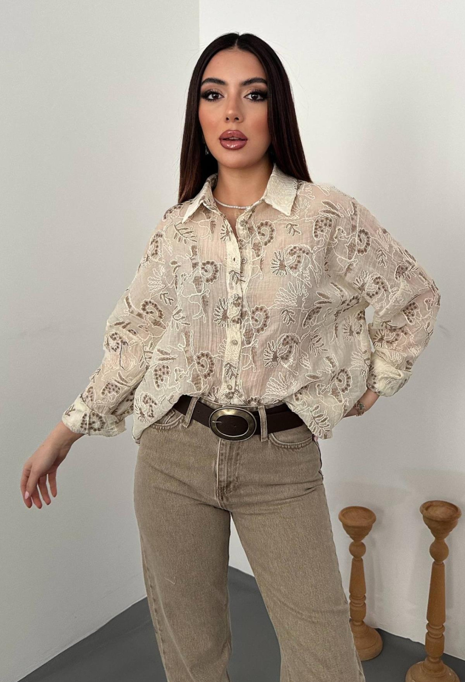 Beige Oversized Fit Floral Shirt With Notched Neck - Brand: Elisa - Women & Kids, Baby Clothes Wholesale - TheBS Women
