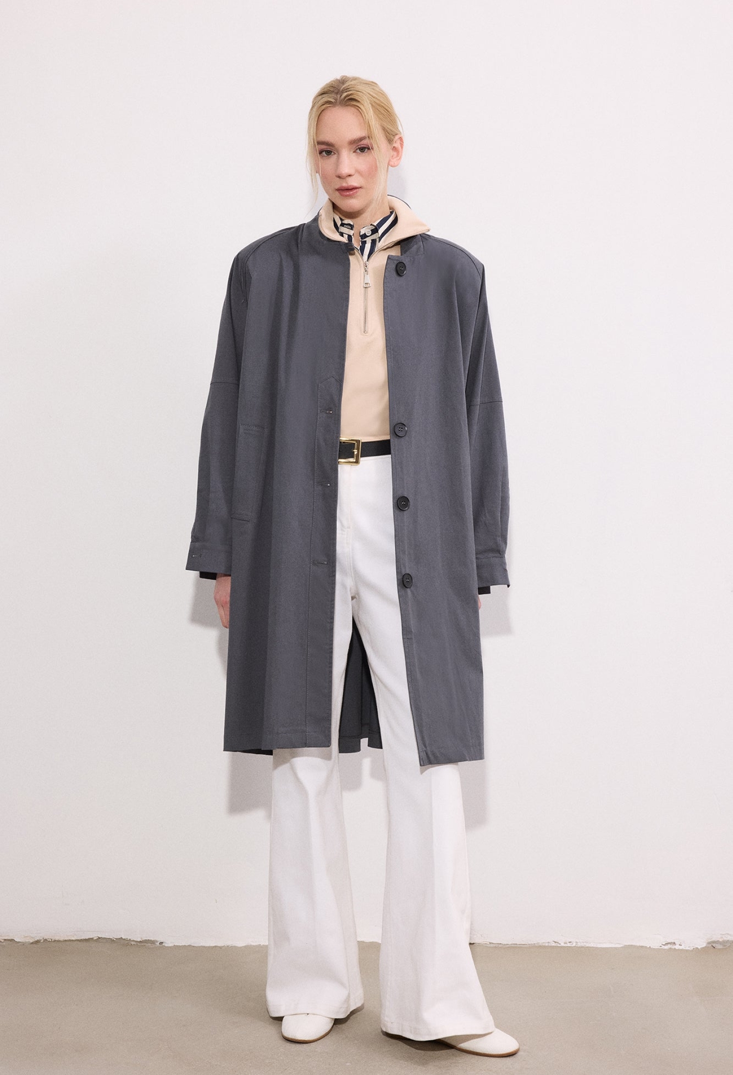 Grey Trenchcoat Single-Breasted Buttoned Band Collar - Brand: Touche Prive - Women & Kids, Baby Clothes Wholesale - TheBS Women