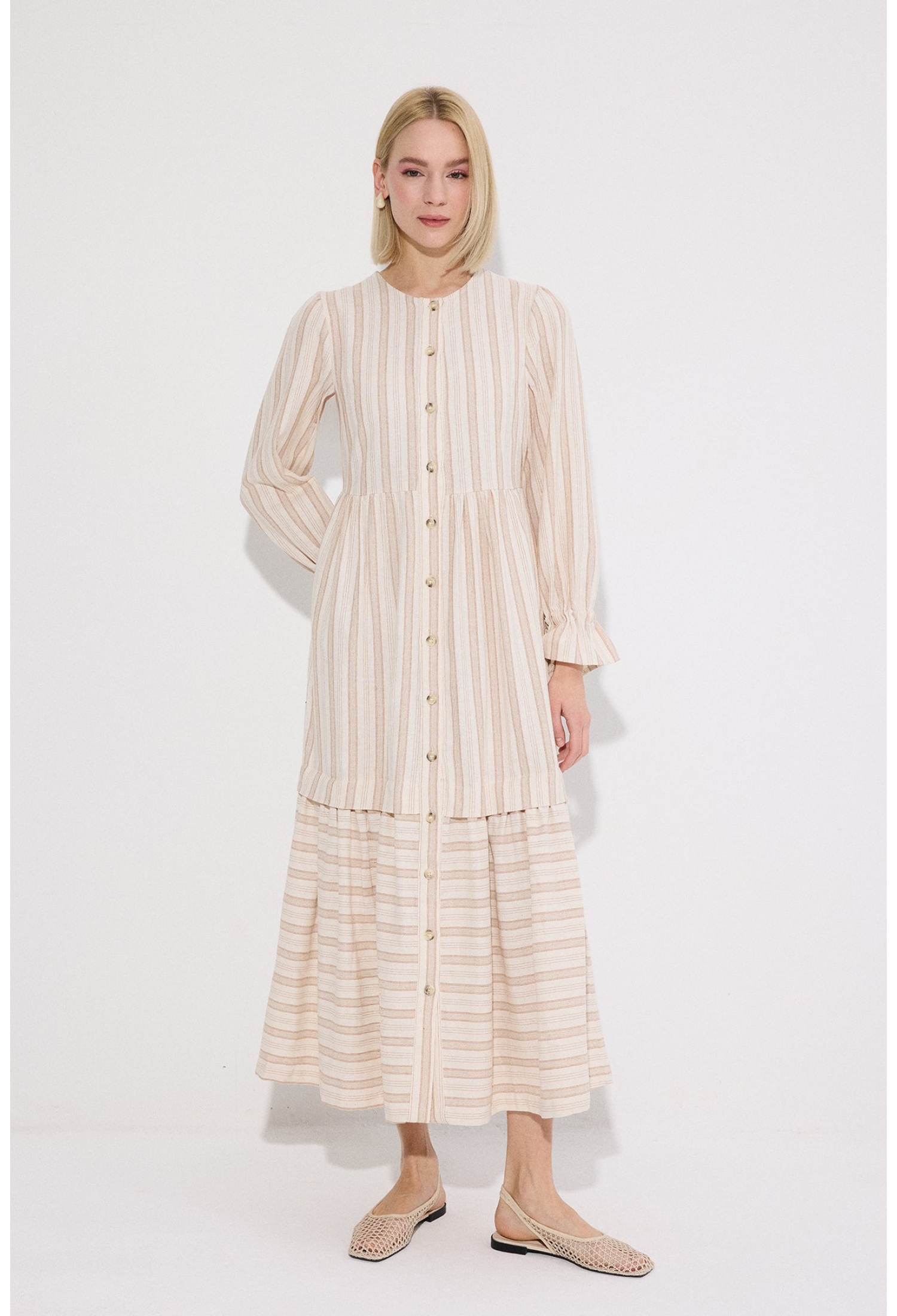 Beige Striped Maxi Shift Dress With Ruffle Sleeves - Brand: Touche Prive - Women & Kids, Baby Clothes Wholesale - TheBS Women