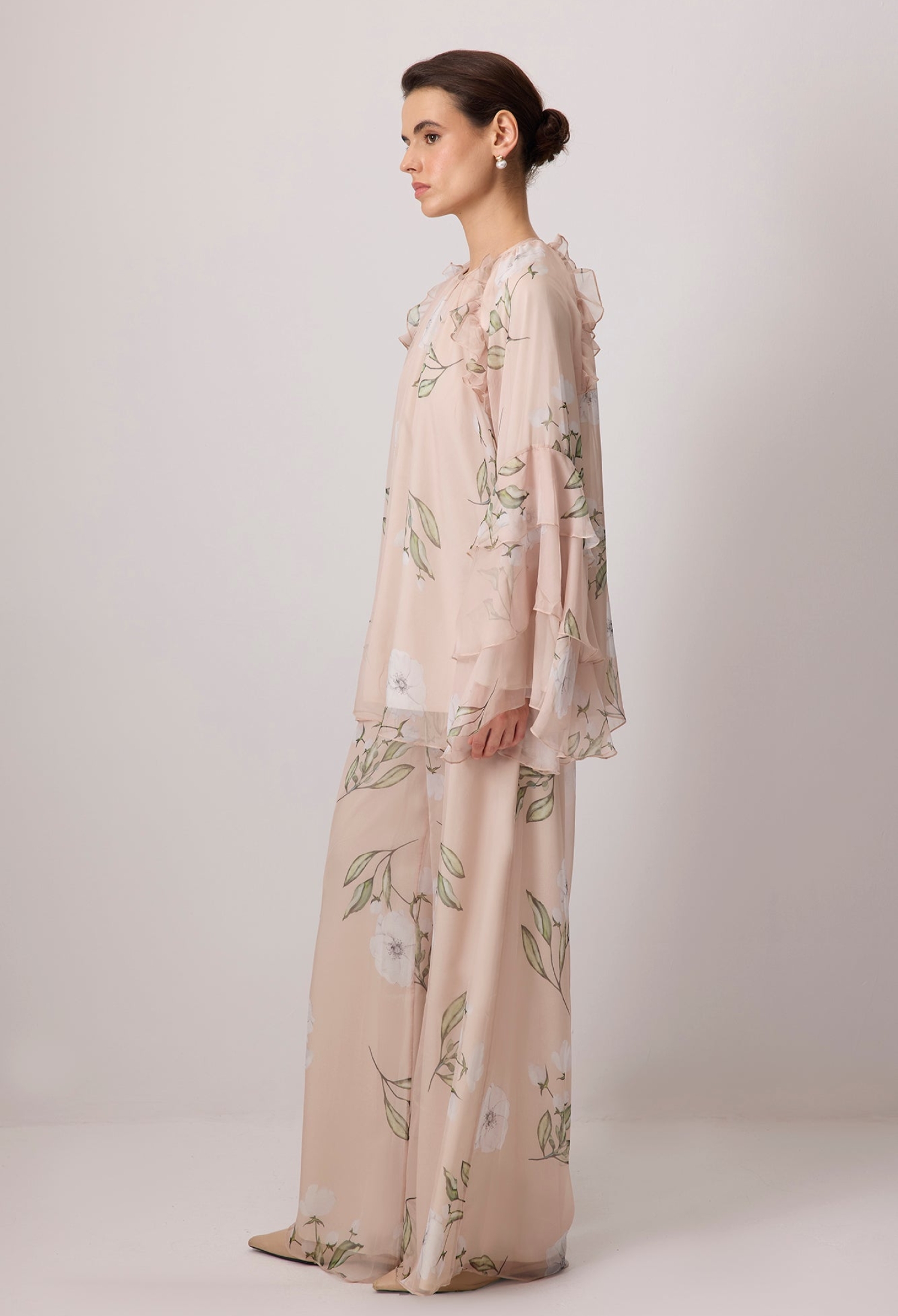 Beige Floral Palazzo Set With Ruffle Sleeves - Brand: Touche Prive - Women & Kids, Baby Clothes Wholesale - TheBS Women