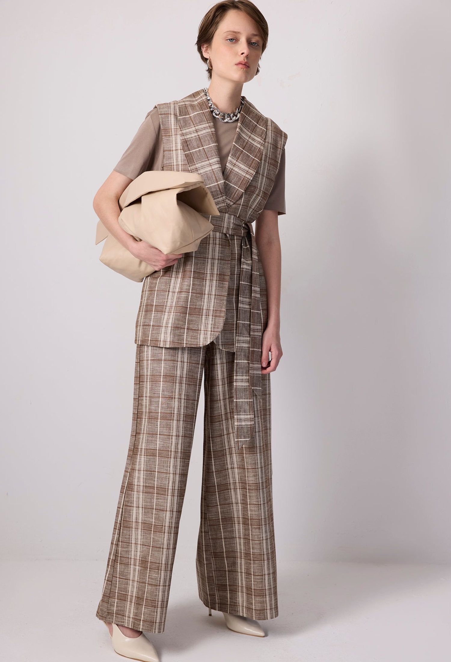 Beige Checkered Palazzo Set For Formal & Casual - Brand: Touche Prive - Women & Kids, Baby Clothes Wholesale - TheBS Women