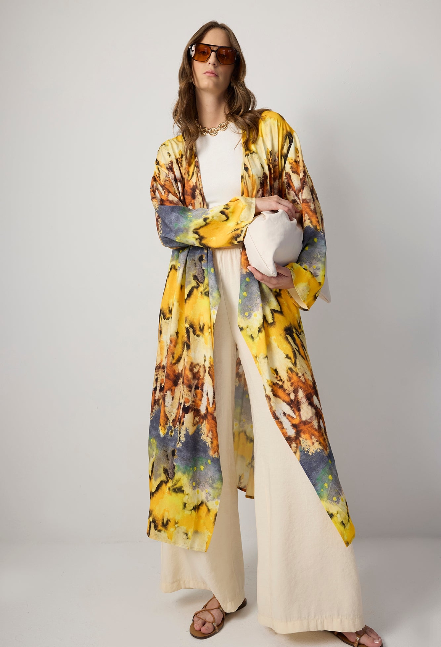 Yellow Ethnic Kimono With Brush Stroke Pattern - Brand: Touche Prive - Women & Kids, Baby Clothes Wholesale - TheBS Women