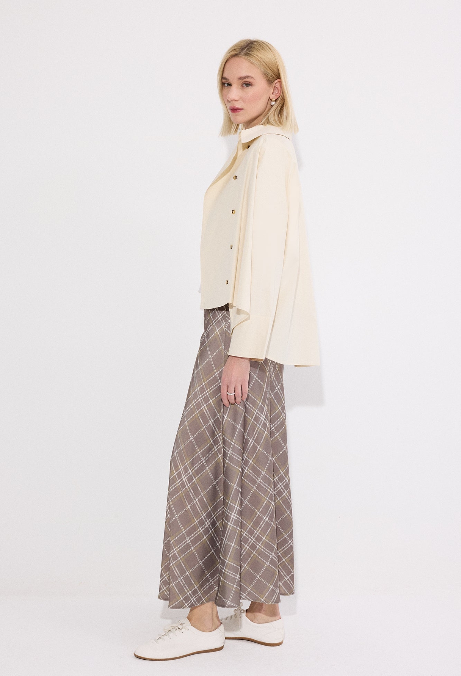 Beige Casual Elegant Plaid Flared Maxi Skirt - Brand: Touche Prive - Women & Kids, Baby Clothes Wholesale - TheBS Women