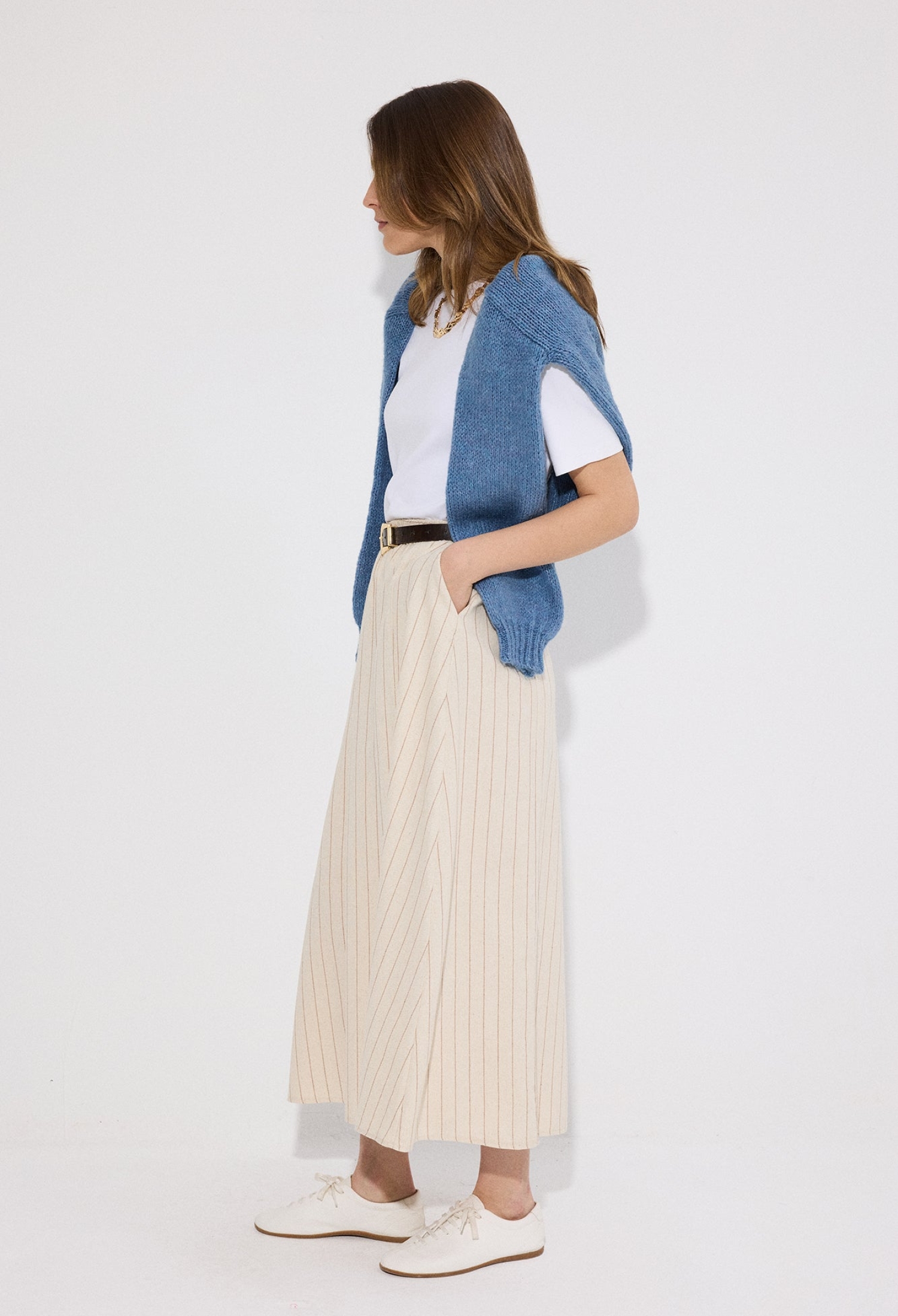 Beige A-Line Striped Maxi Skirt With Slant Pockets - Brand: Touche Prive - Women & Kids, Baby Clothes Wholesale - TheBS Women