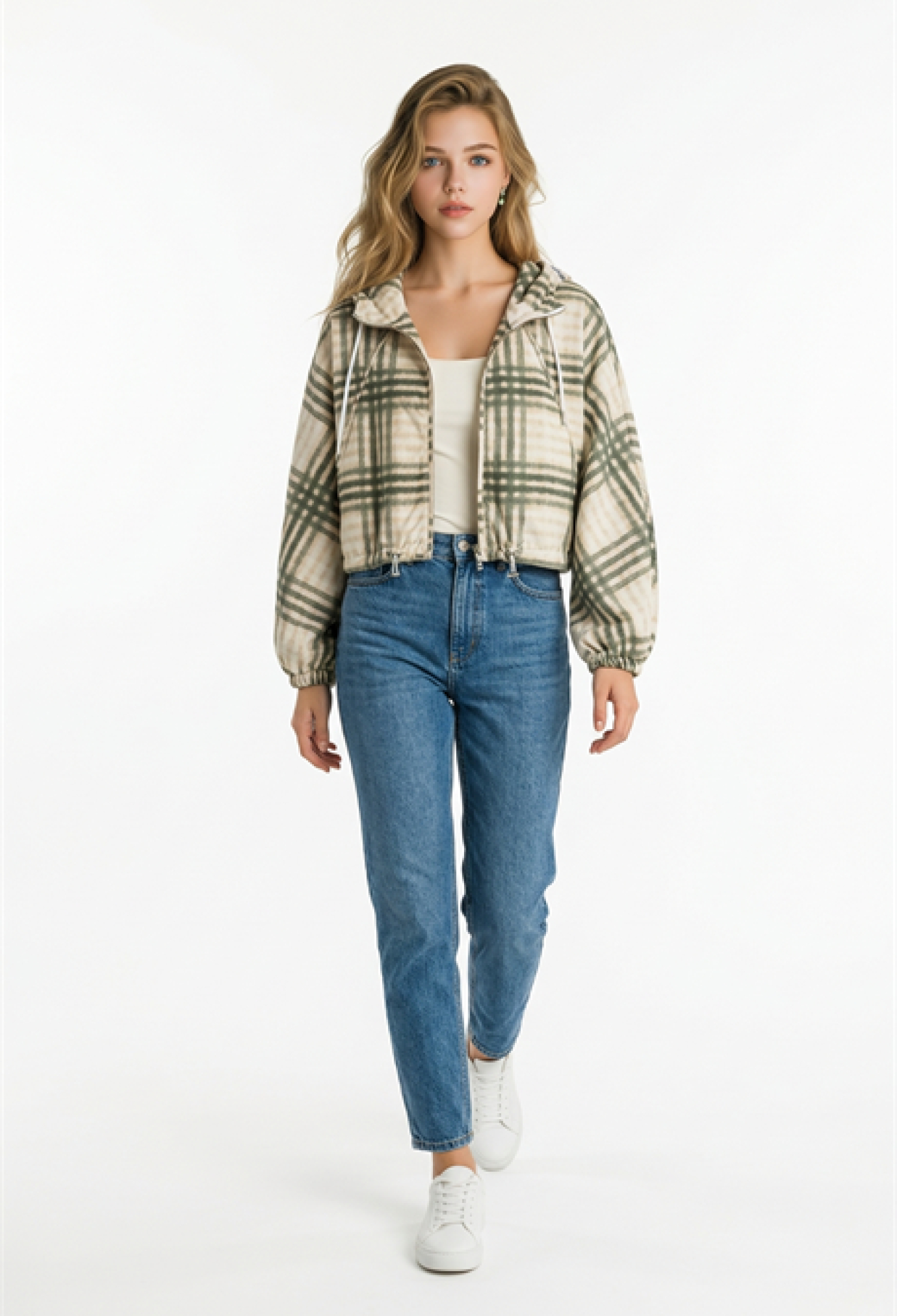 Beige Checkered Oversized Hooded Crop Coat - Brand: Levure - Women & Kids, Baby Clothes Wholesale - TheBS Women