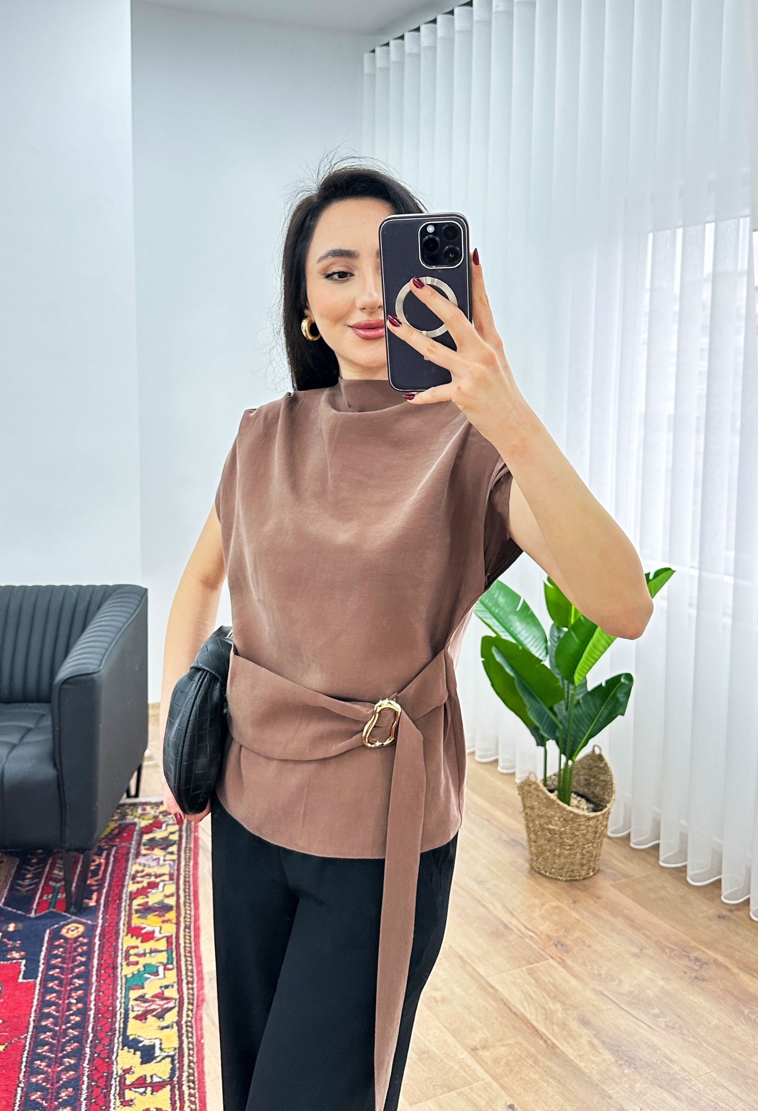 Brown Elegant Blouse With Cap Sleeves And High Neck - Brand: Lustrin - Women & Kids, Baby Clothes Wholesale - TheBS Women