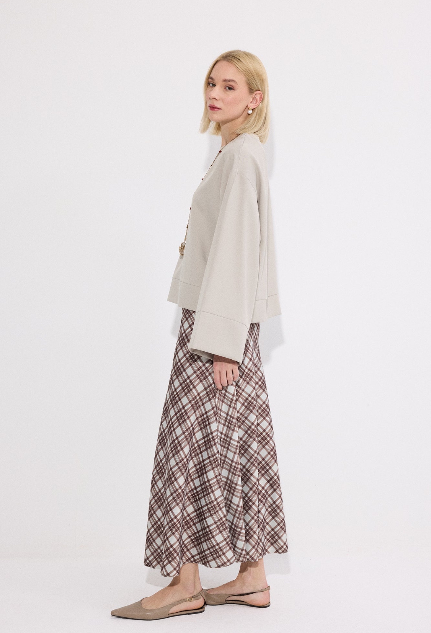Beige Checkered Flared Maxi Skirt - Brand: Touche Prive - Women & Kids, Baby Clothes Wholesale - TheBS Women