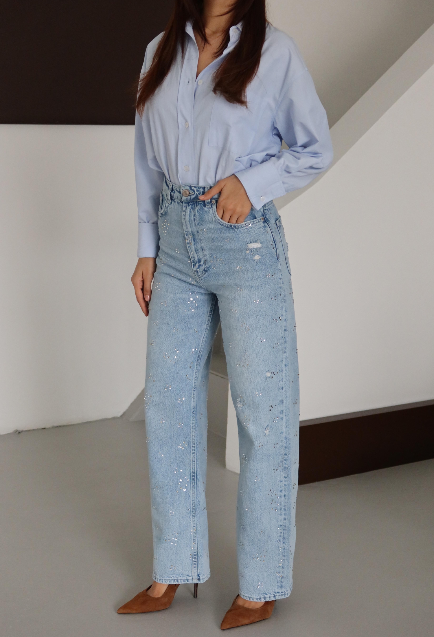 Blue Glam Casual Mom Jeans With Sequined Detail - Brand: LACARINO - Women & Kids, Baby Clothes Wholesale - TheBS Women