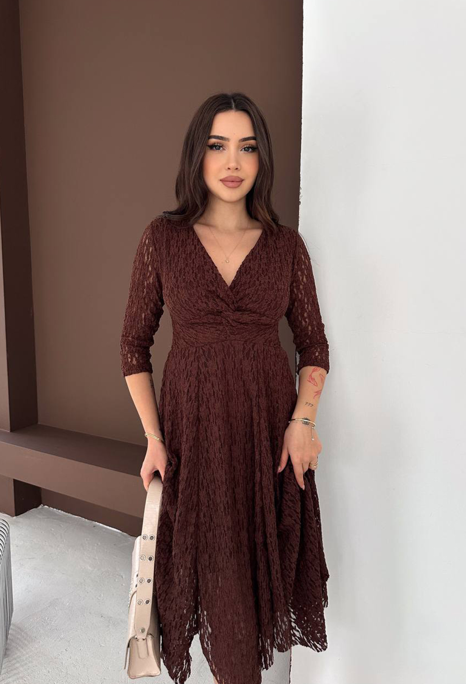 Elegant Brown Wrap Dress With V-Neck & 3/4 Sleeves - Brand: Mode Roy - Women & Kids, Baby Clothes Wholesale - TheBS Women