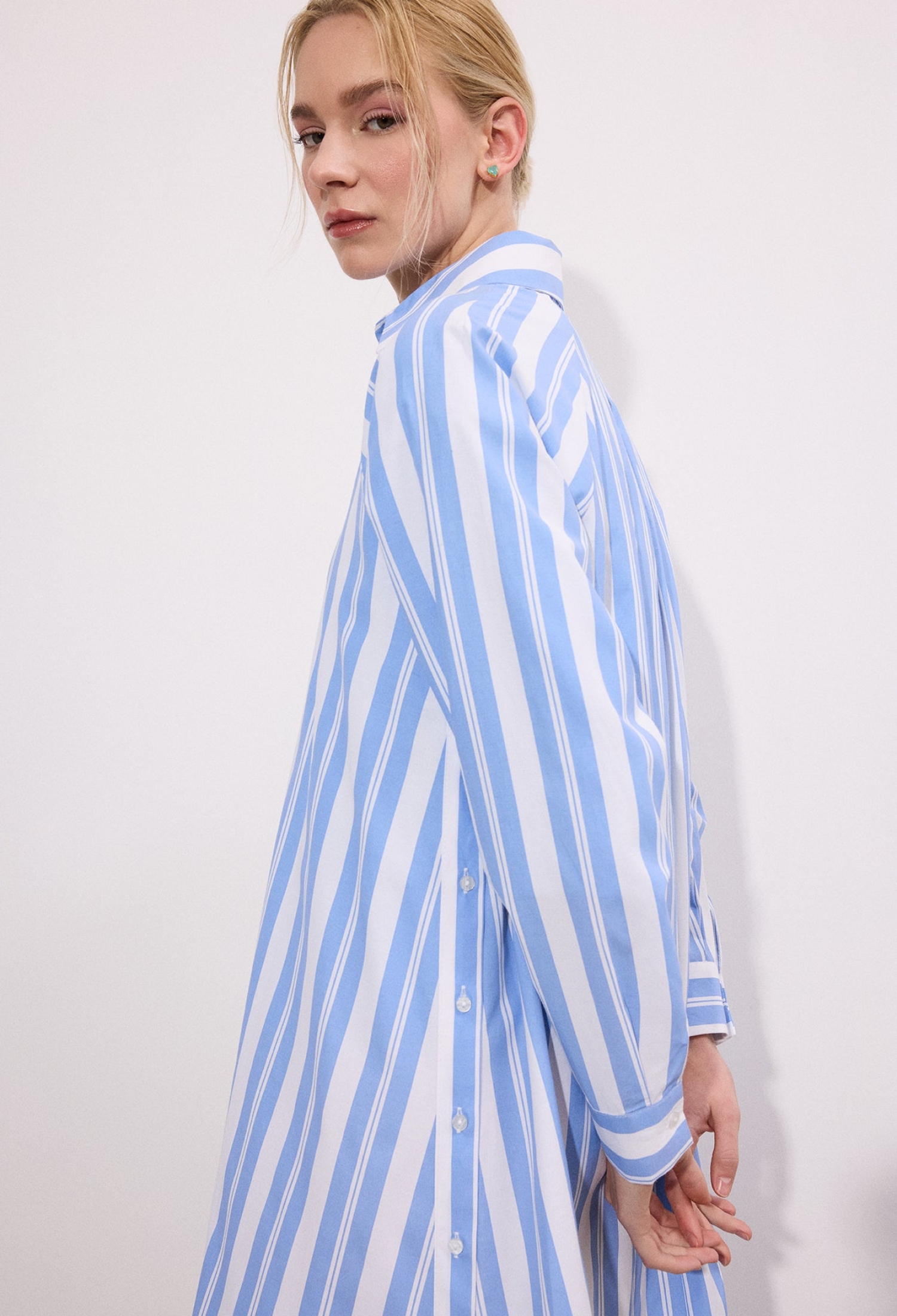 Blue Striped Shirt Maxi Dress With Shawl Collar - Brand: Touche Prive - Women & Kids, Baby Clothes Wholesale - TheBS Women