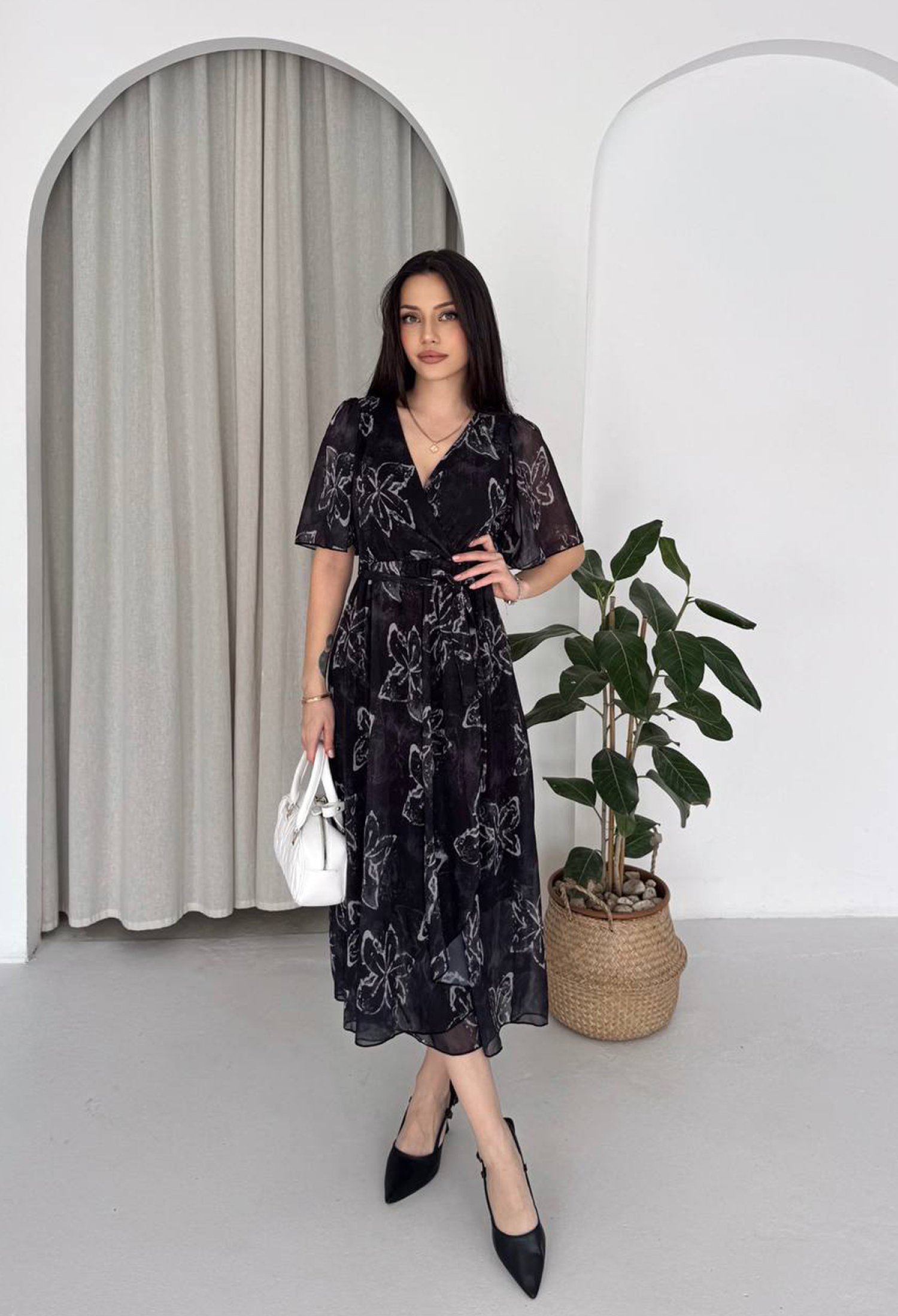 ElegantWrap Midi Dress With Butterfly Pattern - Brand: Mode Roy - Women & Kids, Baby Clothes Wholesale - TheBS Women