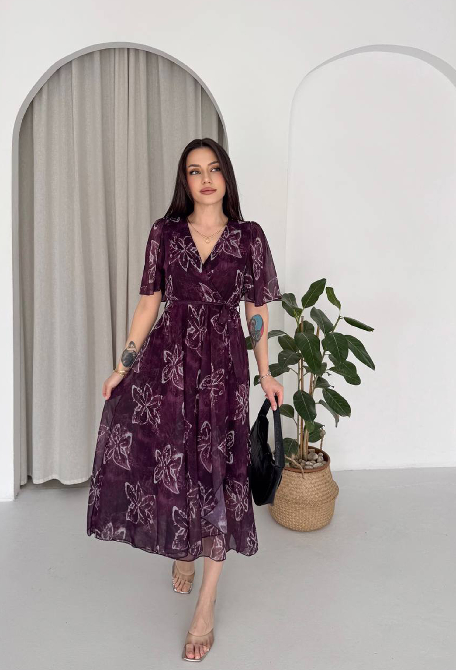 Purple Elegant Wrap Dress With V-Neck And Floral Print - Brand: Mode Roy - Women & Kids, Baby Clothes Wholesale - TheBS Women