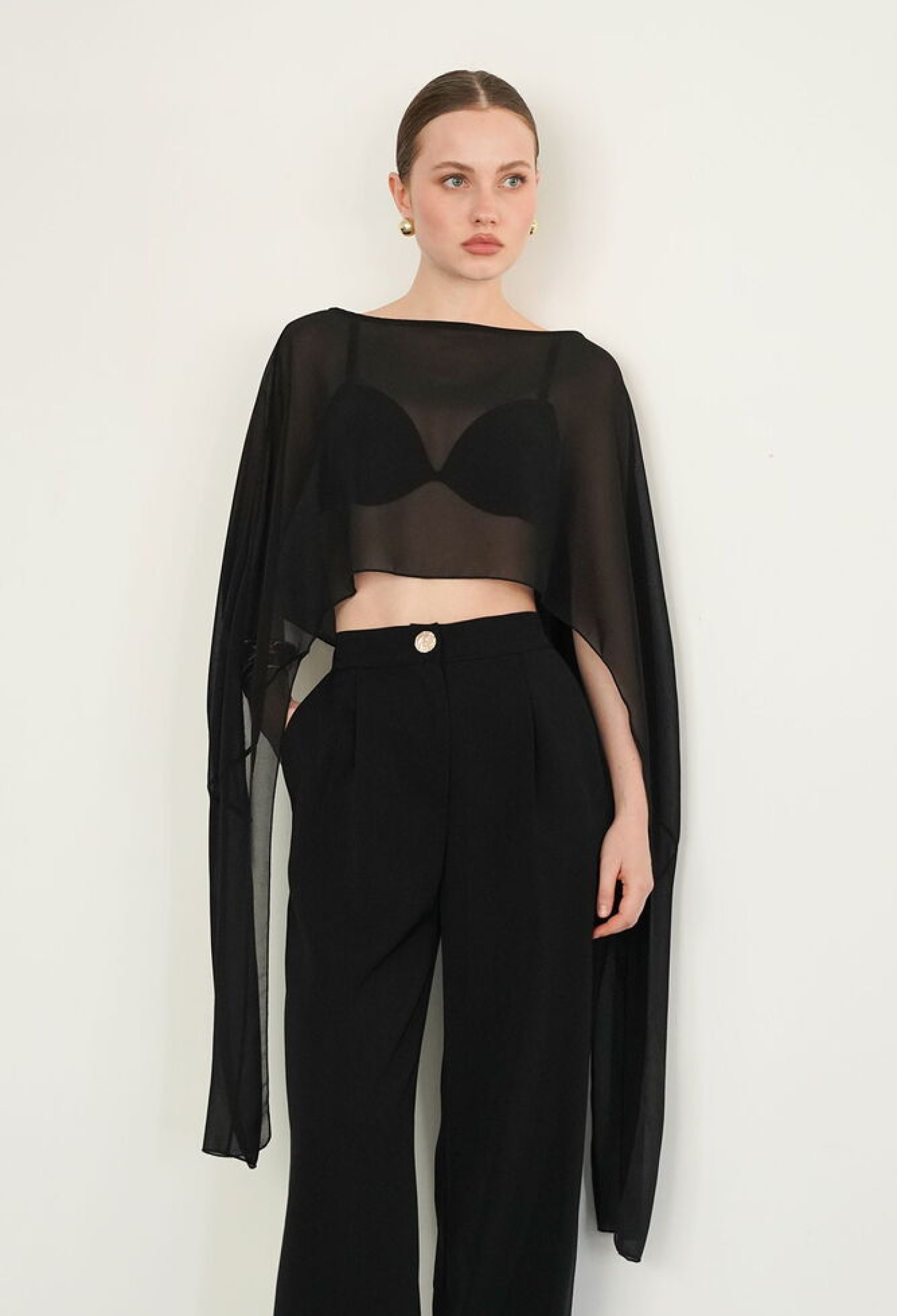 Black Elegant Crop Blouse With Extra Long Sleeves - Brand: Topshow - Women & Kids, Baby Clothes Wholesale - TheBS Women