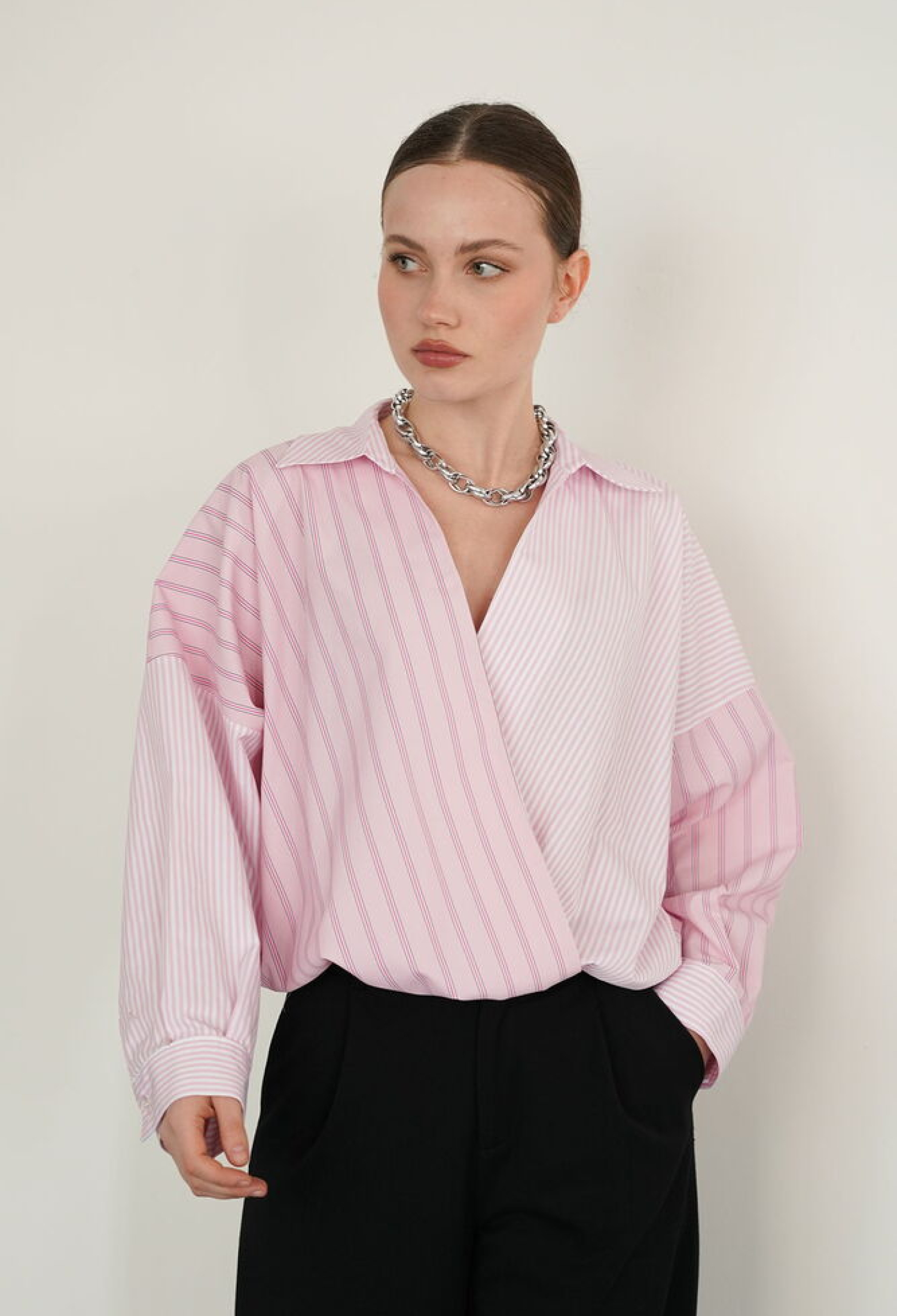 Striped Oversized Fit Shirt With Notched Neck - Brand: Topshow - Women & Kids, Baby Clothes Wholesale - TheBS Women