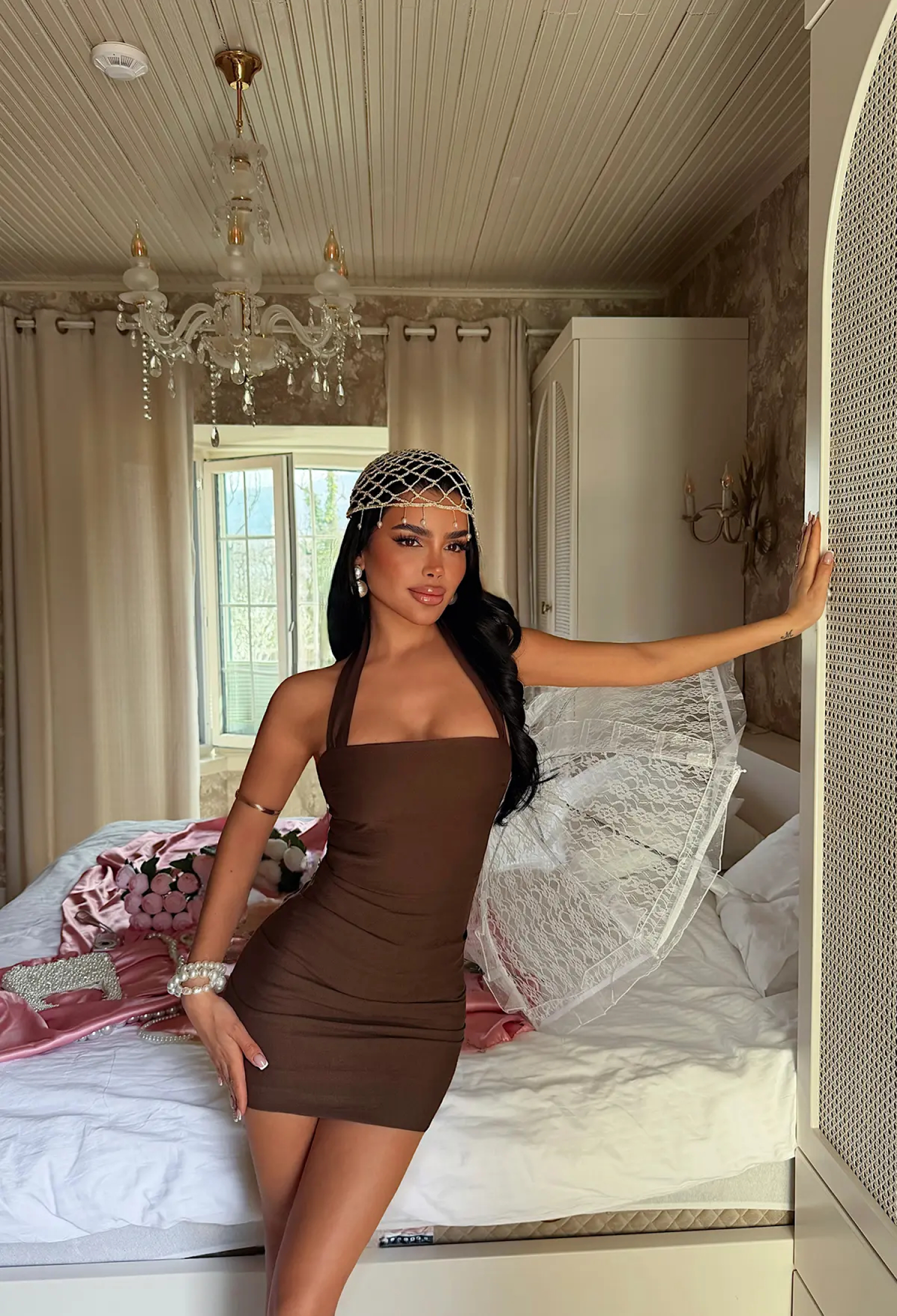 Sexy Brown Bodycon Mini Dress With Halter Neck - Brand: EYYO ATELIER - Women & Kids, Baby Clothes Wholesale - TheBS Women