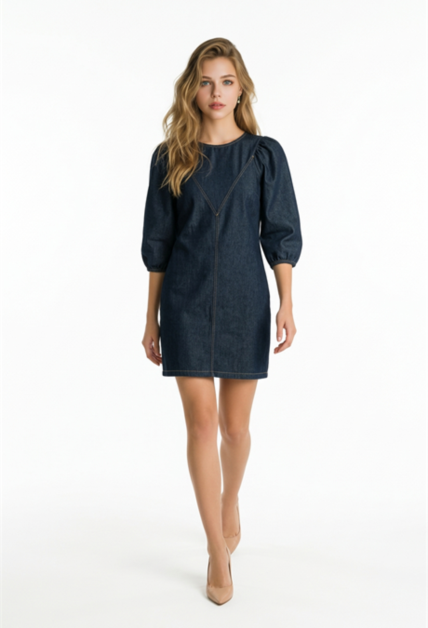 Navy Blue Dress Mini Shift Puff Sleeve Casual Style - Brand: Levure - Women & Kids, Baby Clothes Wholesale - TheBS Women