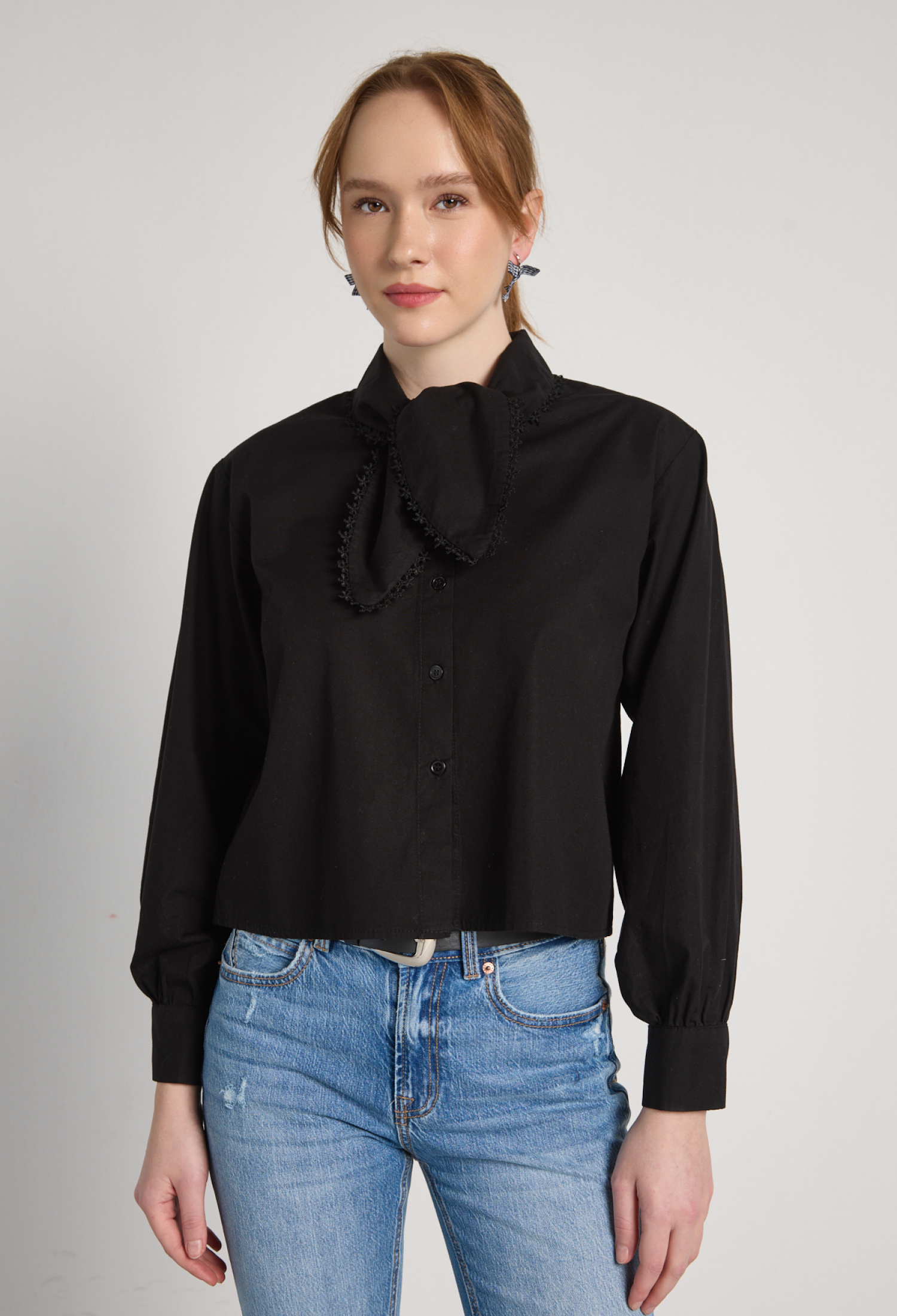 Elegant Black Shirt With Notched Neck And Buttoned Closure - Brand: First Angels - Women & Kids, Baby Clothes Wholesale - TheBS Women
