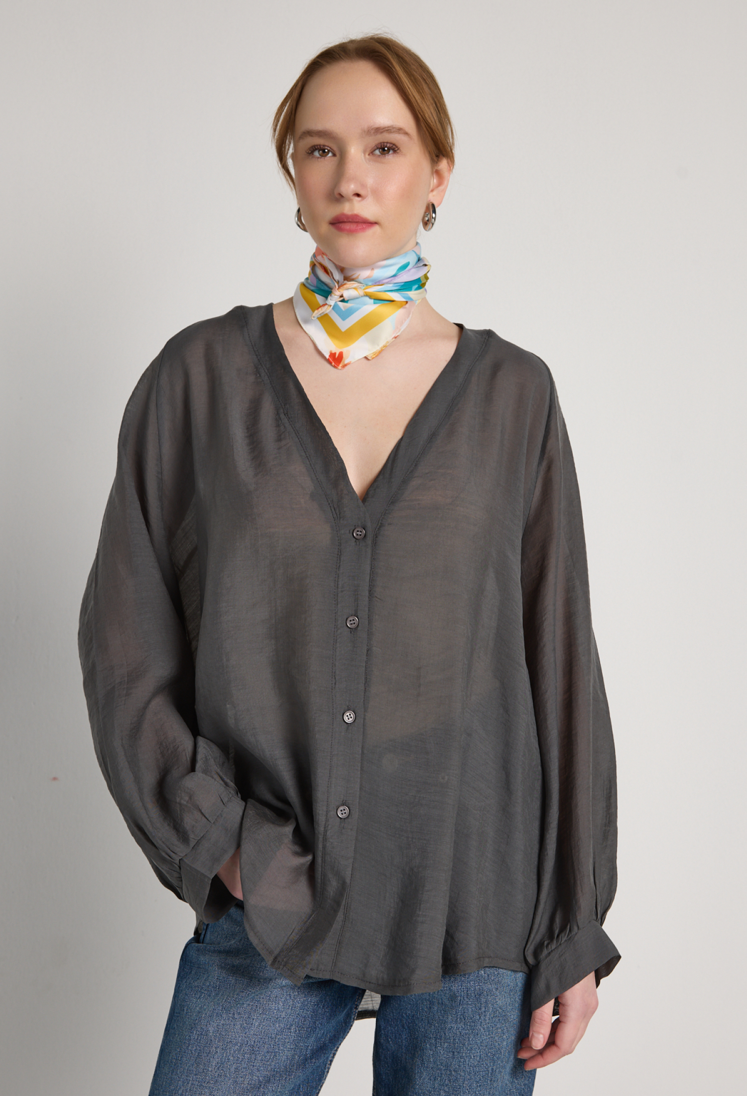 Grey Oversized Fit V-Neck Shirt - Brand: First Angels - Women & Kids, Baby Clothes Wholesale - TheBS Women