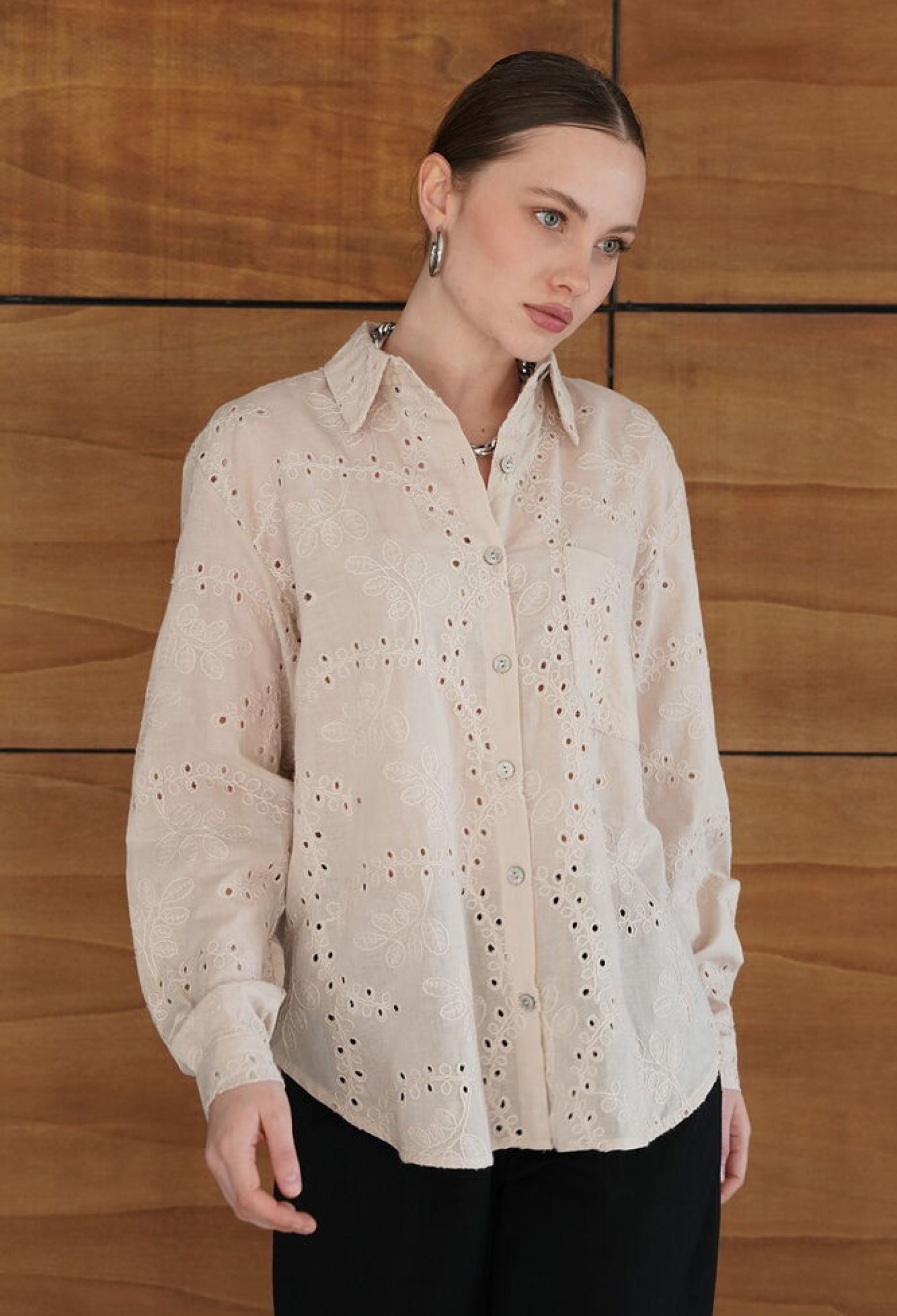 Beige Elegant Buttoned Polo Neck Shirt - Brand: Topshow - Women & Kids, Baby Clothes Wholesale - TheBS Women