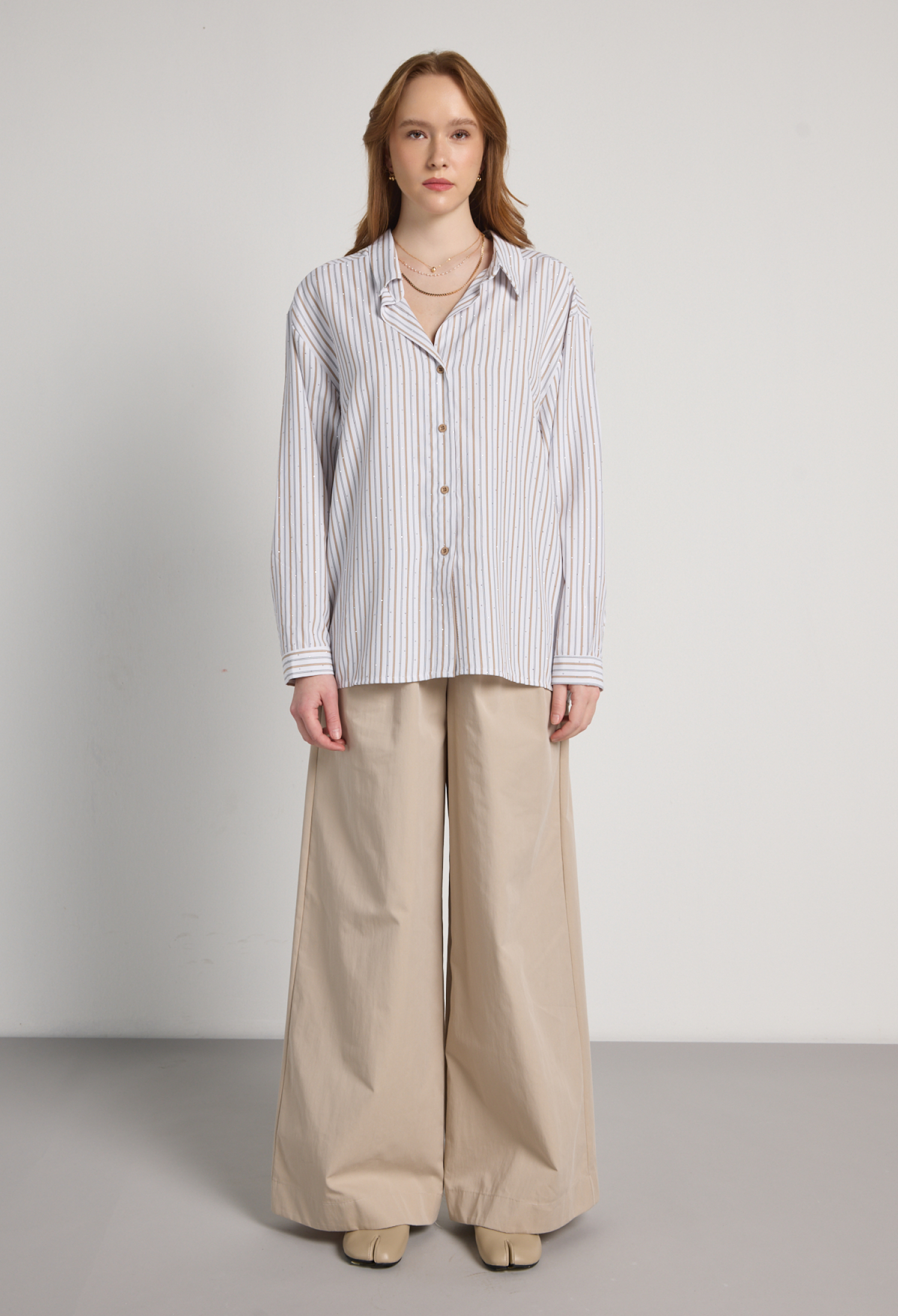 Beige Oversized Striped Shirt With Notched Neck - Brand: First Angels - Women & Kids, Baby Clothes Wholesale - TheBS Women