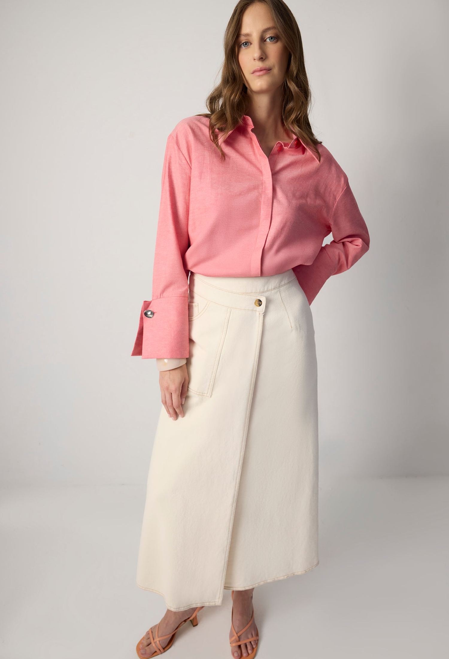 Ecru Elegant Wrap Midi Skirt High Waist Buttoned - Brand: Touche Prive - Women & Kids, Baby Clothes Wholesale - TheBS Women