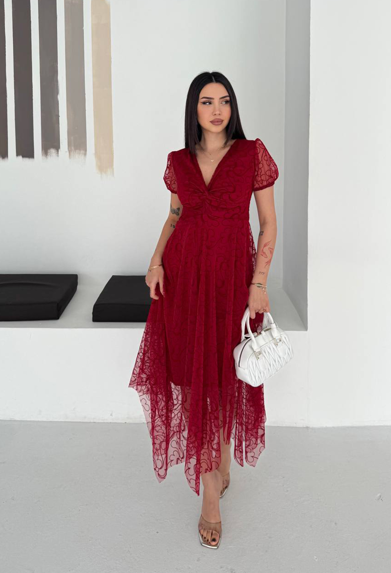 Elegant Red Midi A-Line Dress With Puff Sleeves - Brand: Mode Roy - Women & Kids, Baby Clothes Wholesale - TheBS Women