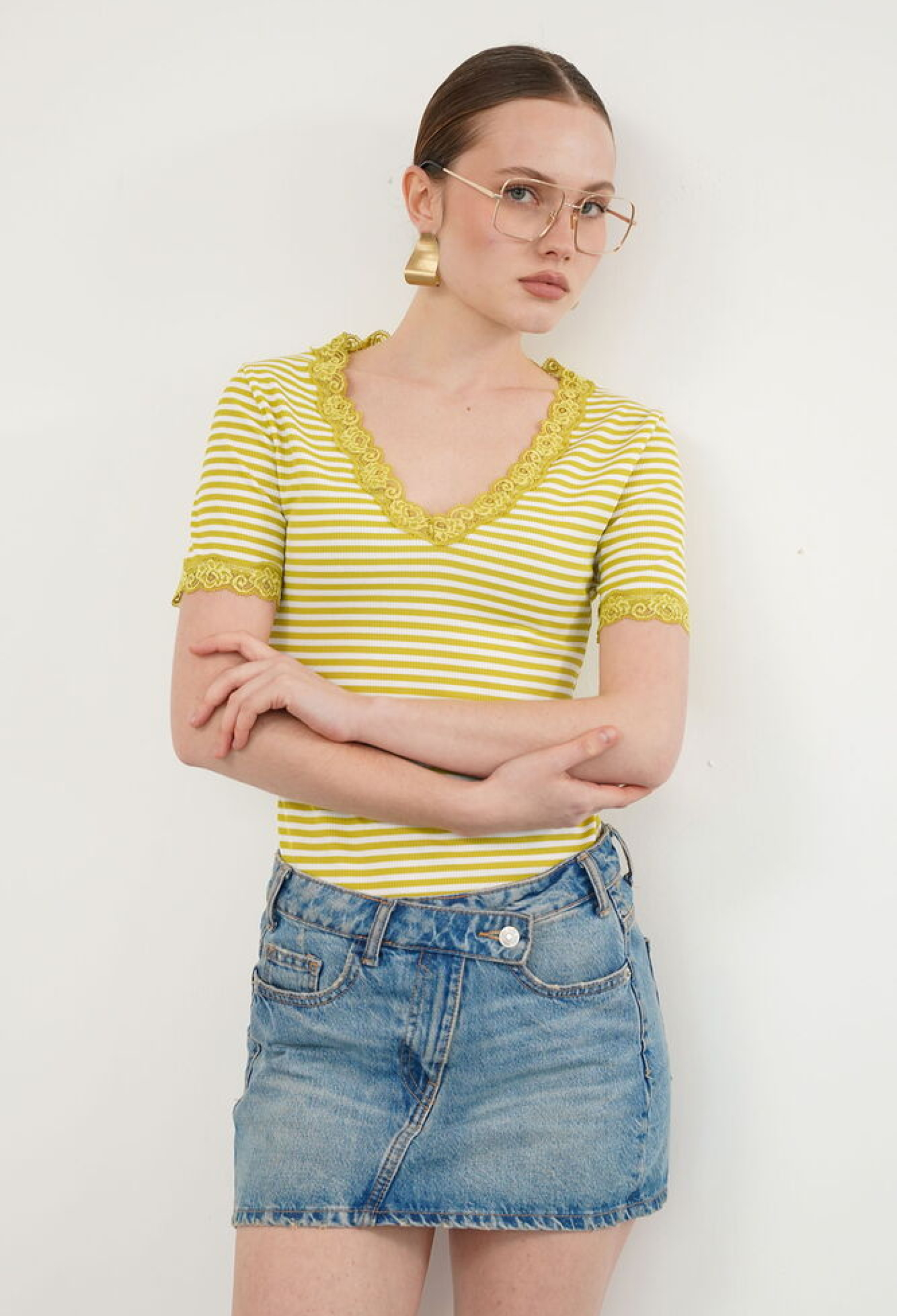 Yellow Striped Slim Fit V-Neck Blouse - Brand: Topshow - Women & Kids, Baby Clothes Wholesale - TheBS Women