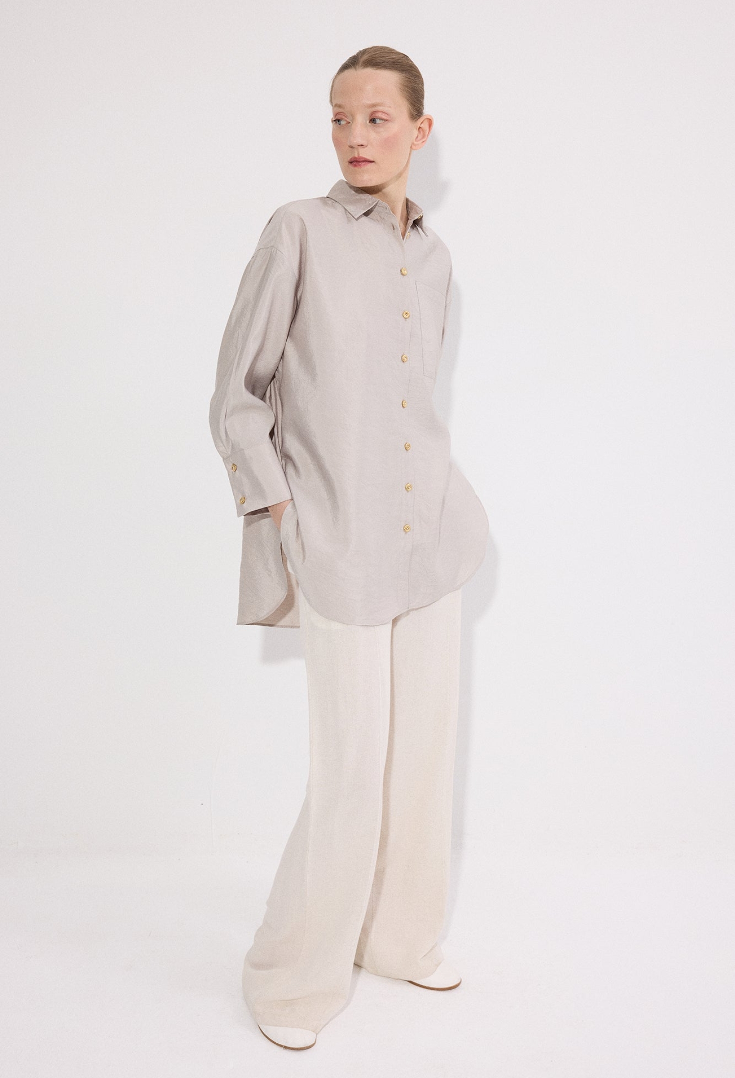 Beige Oversized Fit Polo Neck Long Sleeve Shirt - Brand: Touche Prive - Women & Kids, Baby Clothes Wholesale - TheBS Women