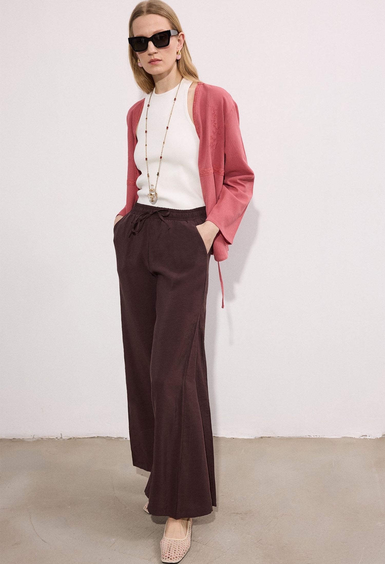 Brown Palazzo Pants With Wide Leg And Drawstring - Brand: Touche Prive - Women & Kids, Baby Clothes Wholesale - TheBS Women