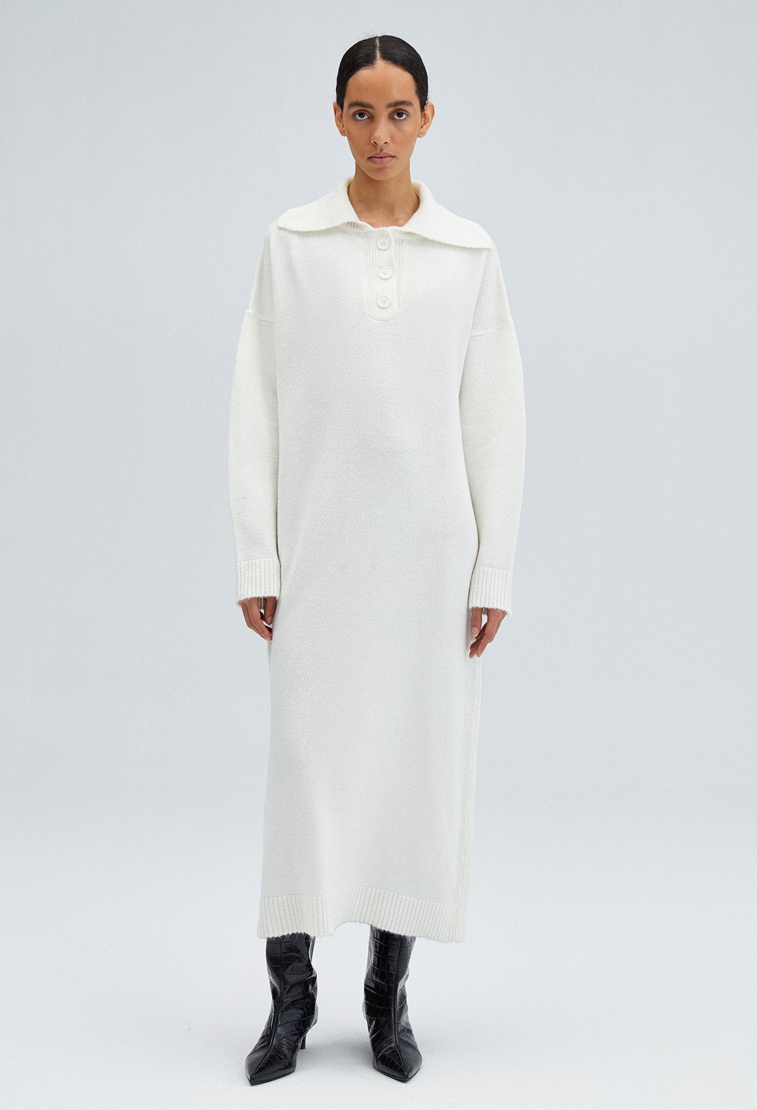 White Sweater Dress With Polo Neck - Elegant Midi - Brand: Touche Prive - Women & Kids, Baby Clothes Wholesale - TheBS Women