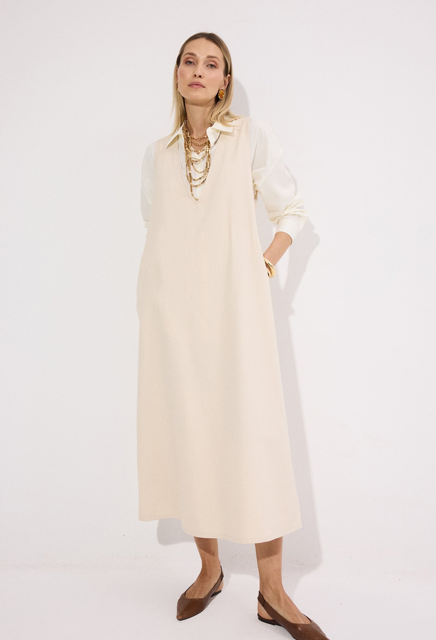 Beige Modest Elegant Shift Dress With V-Neck - Brand: Touche Prive - Women & Kids, Baby Clothes Wholesale - TheBS Women