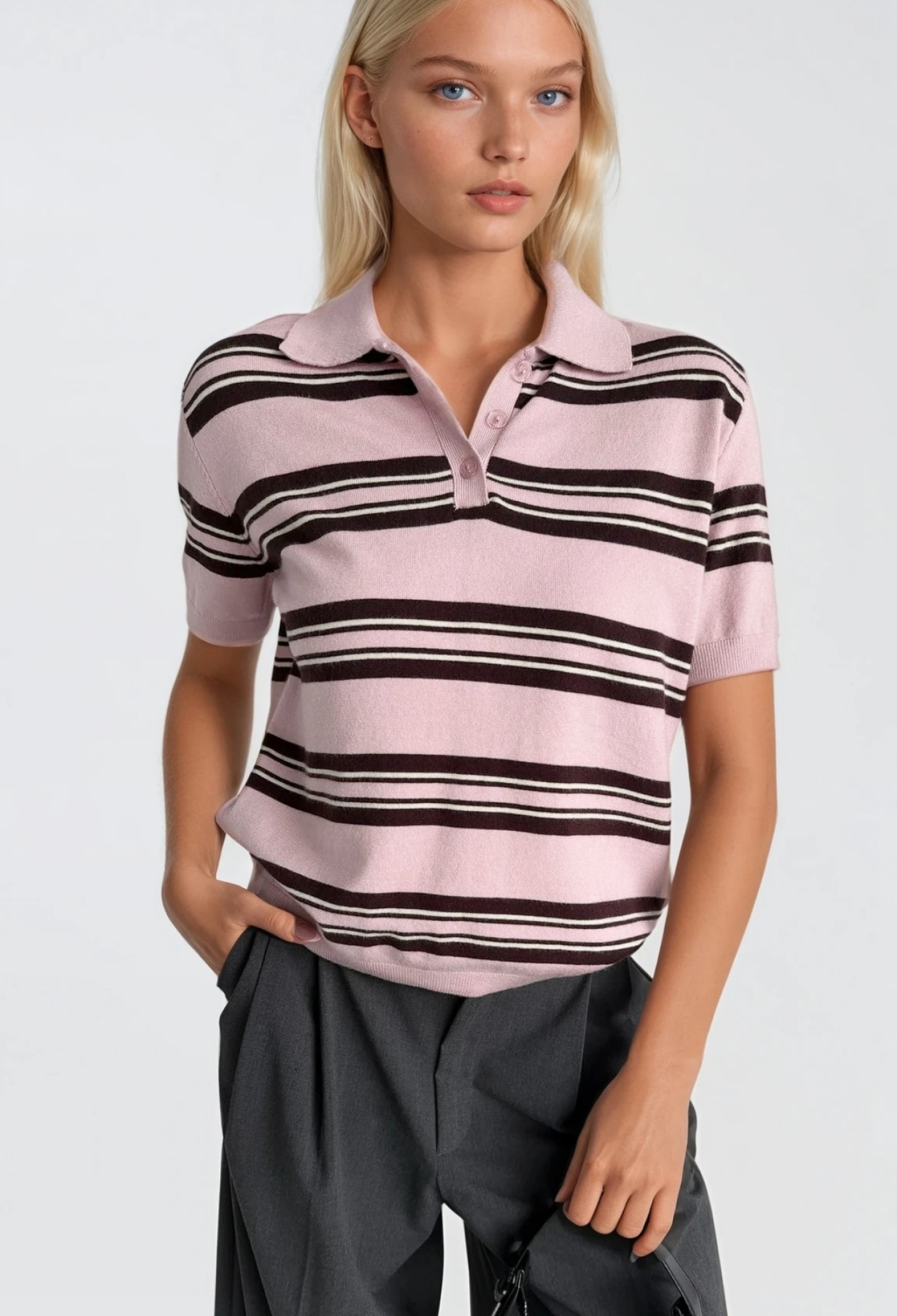 Striped Polo Neck Blouse With Short Sleeves - Brand: Black Fashion - Women & Kids, Baby Clothes Wholesale - TheBS Women