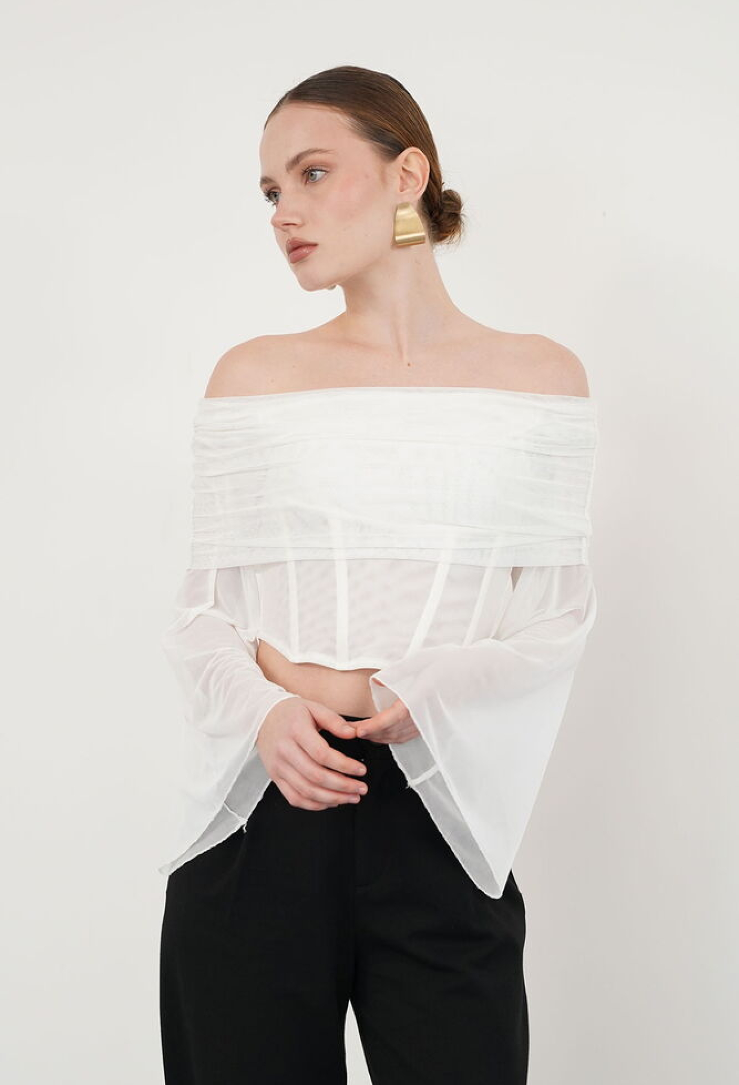 White Elegant Slim Fit Crop Blouse With Bell Sleeves - Brand: Topshow - Women & Kids, Baby Clothes Wholesale - TheBS Women