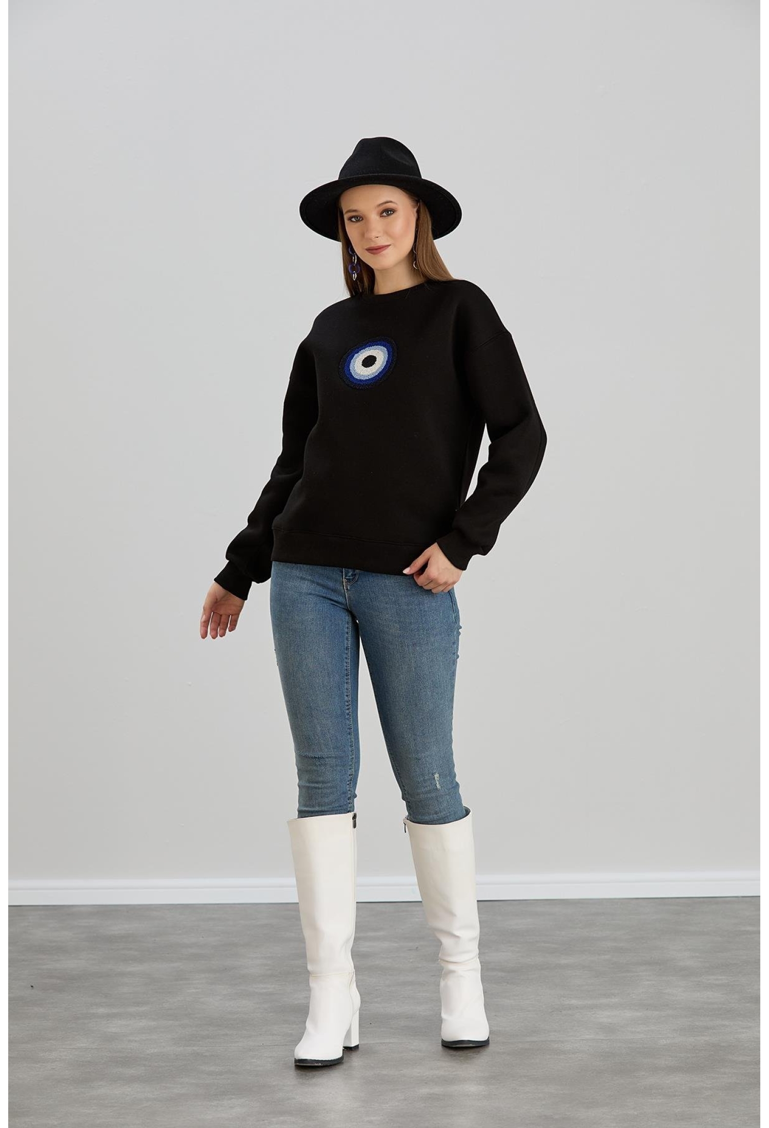 Evil Eye Beaded Crew Neck Three Thread Sweater - Brand: Sortie Collection - Women & Kids, Baby Clothes Wholesale - TheBS Women