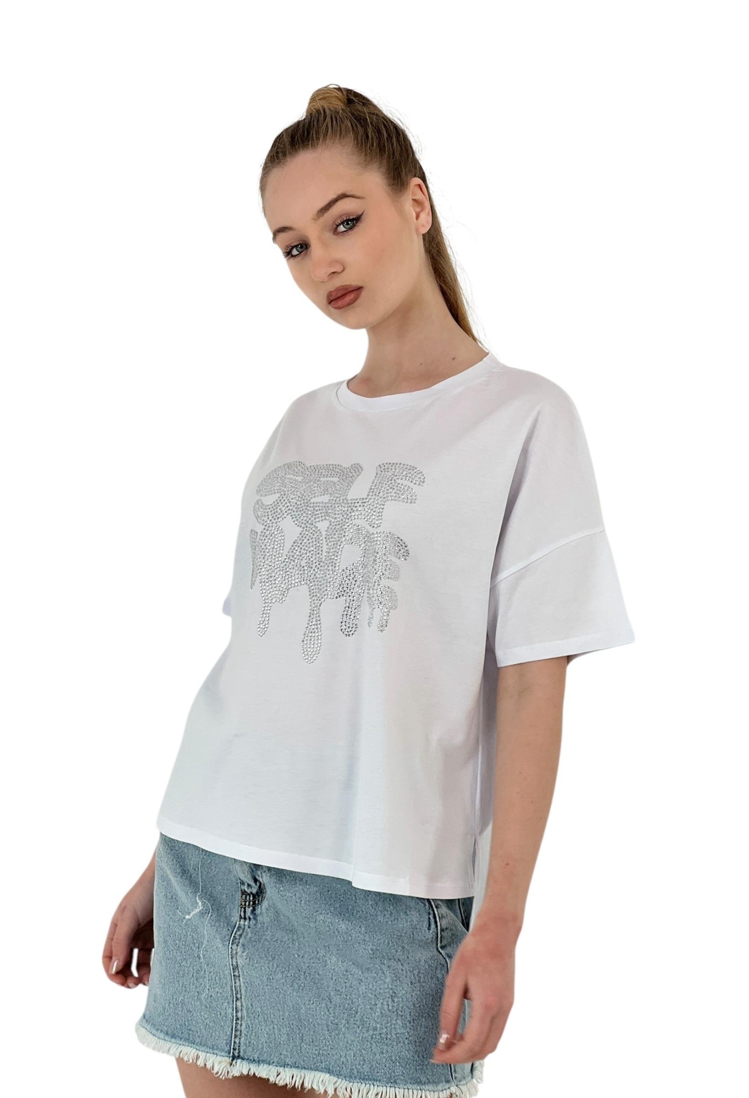 Stone Embroidered Self Made Oversize T-Shirt — Grey & White - Brand: MISS POEM - Women & Kids, Baby Clothes Wholesale - TheBS Women