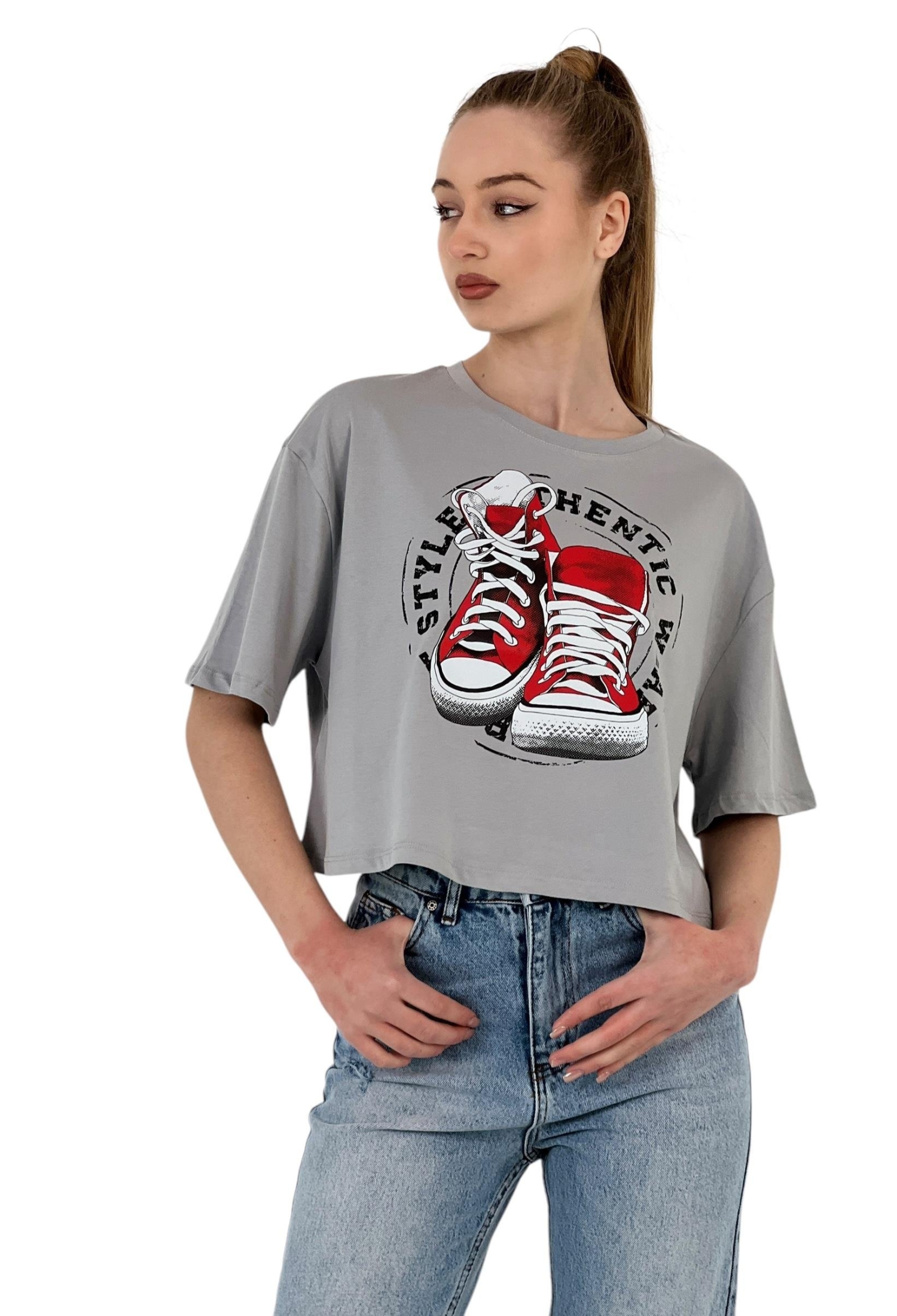 Oversize Printed Short Sleeve White Crop T Shirt - Brand: MISS POEM - Women & Kids, Baby Clothes Wholesale - TheBS Women