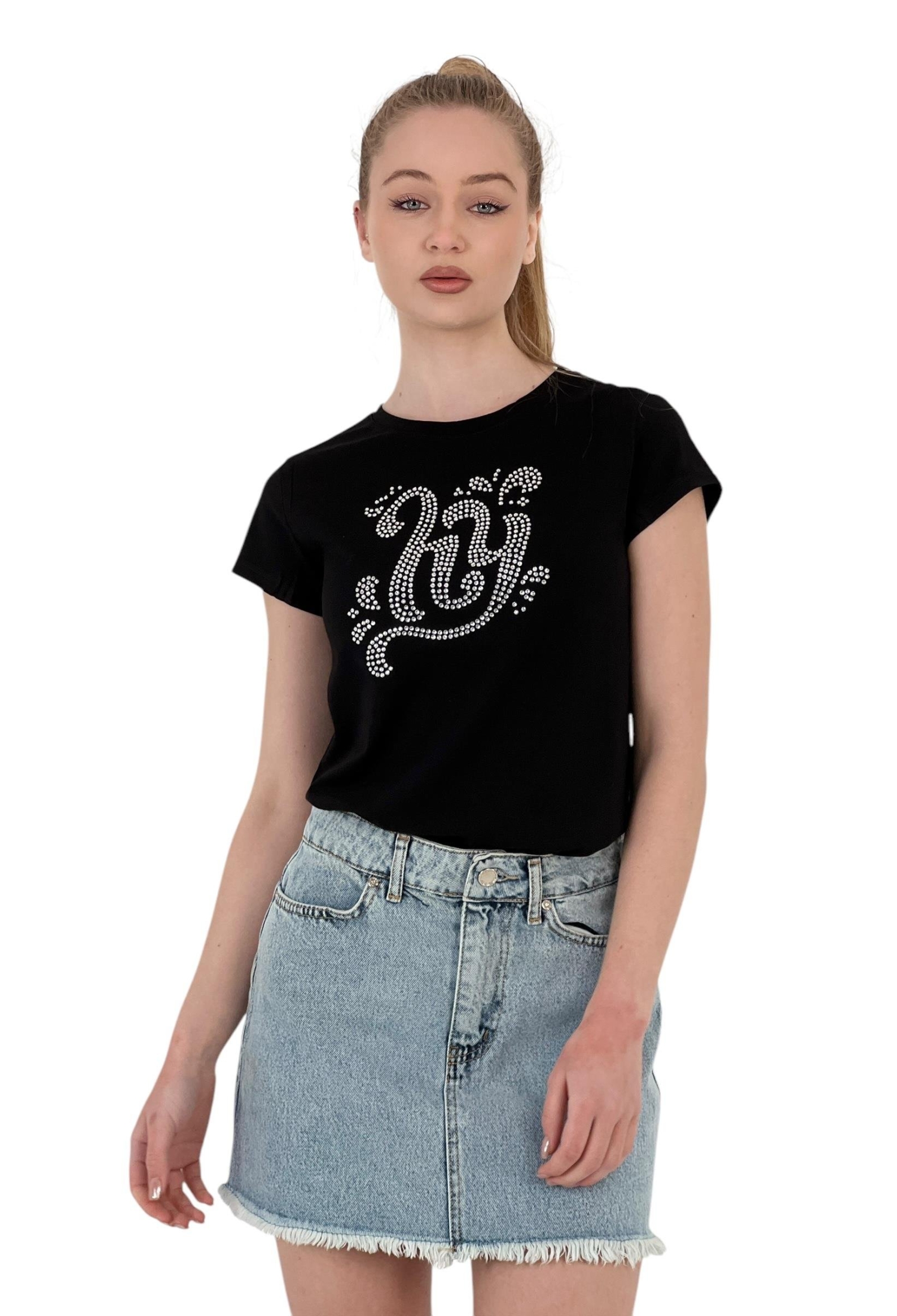Stone Detailed “hi” Printed T-Shirt — Black & White - Brand: MISS POEM - Women & Kids, Baby Clothes Wholesale - TheBS Women