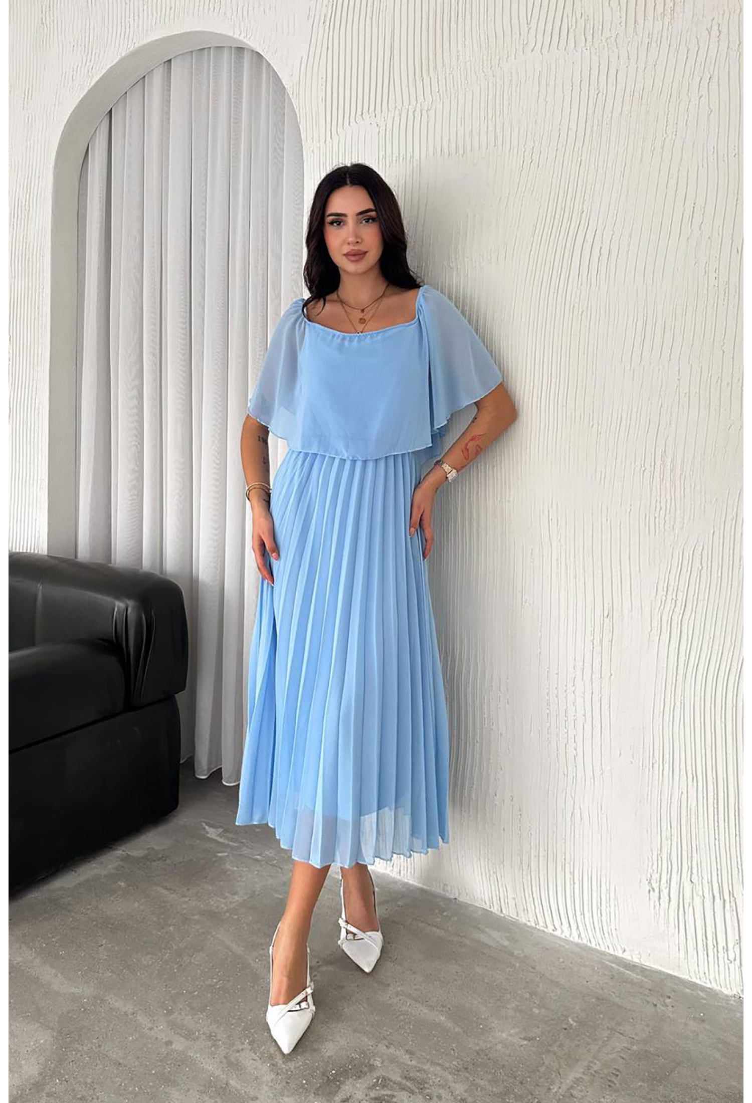 Madonna Collar Pleated Chiffon Dress - Brand: Mode Roy - Women & Kids, Baby Clothes Wholesale - TheBS Women