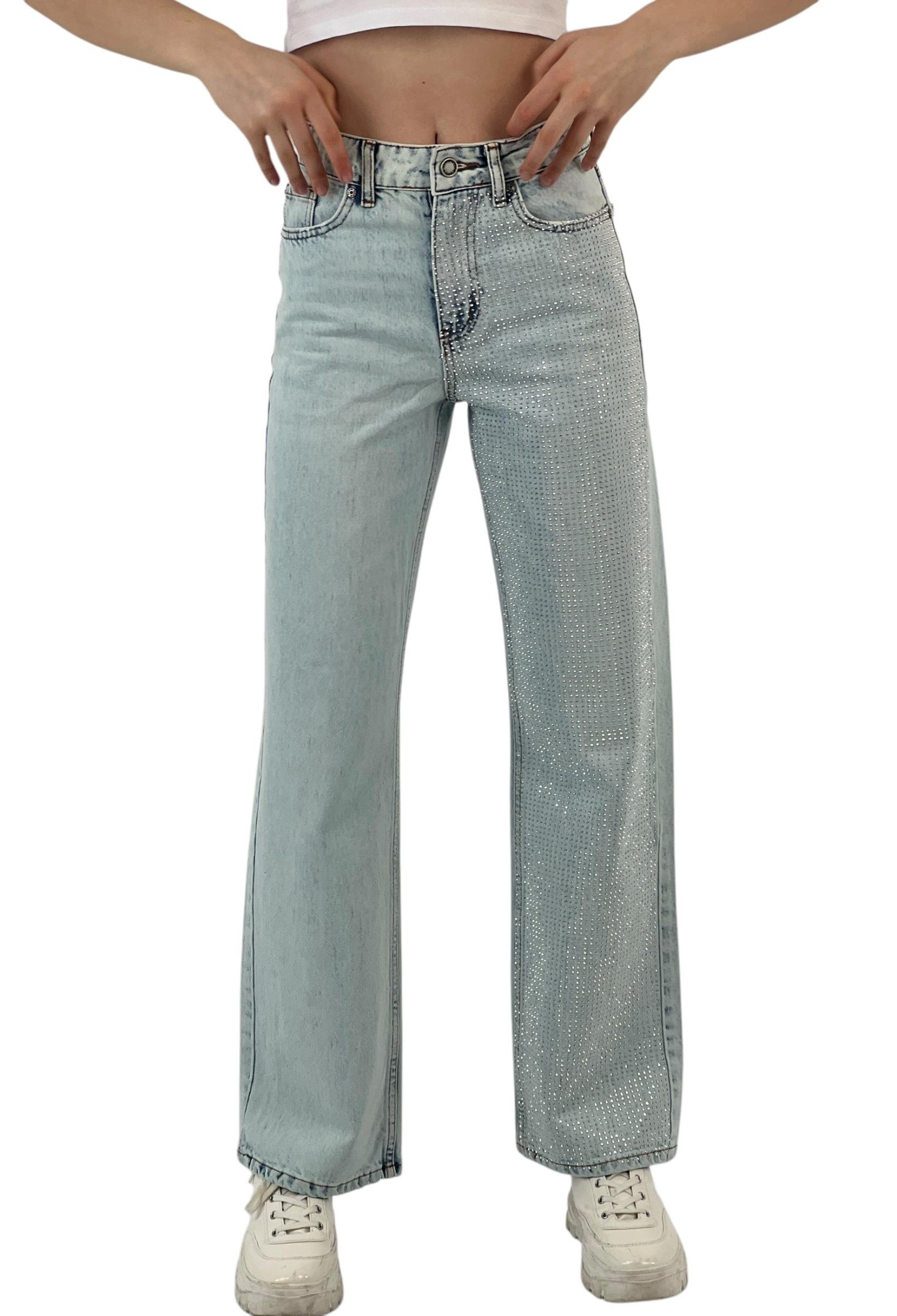 White Leg Denim Ice Blue/İCE Blue One Leg Stone Or - Brand: MISS POEM - Women & Kids, Baby Clothes Wholesale - TheBS Women
