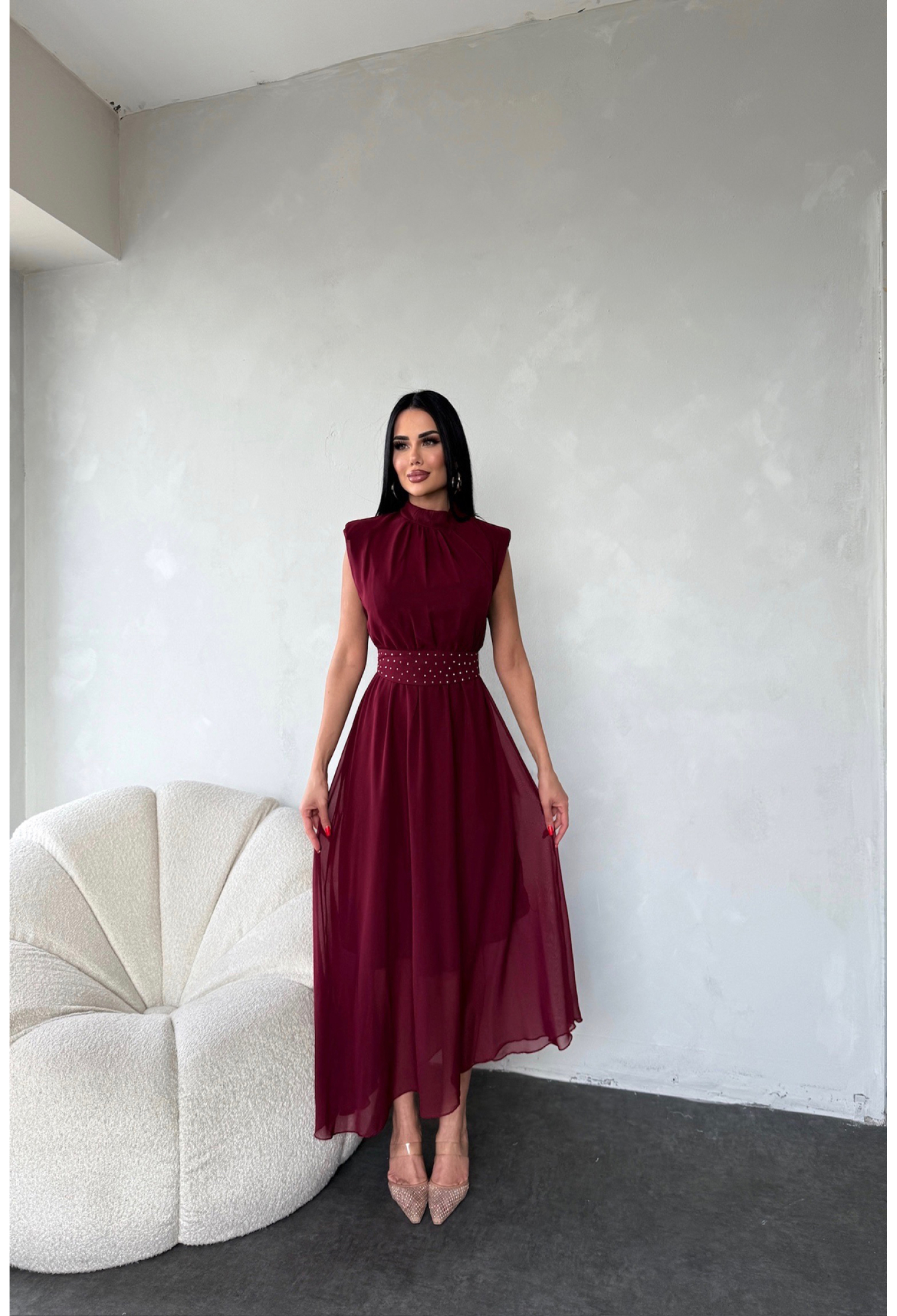 Sash Stone Detailed Midi Chiffon Dress - Burgundy - Brand: Mode Roy - Women & Kids, Baby Clothes Wholesale - TheBS Women