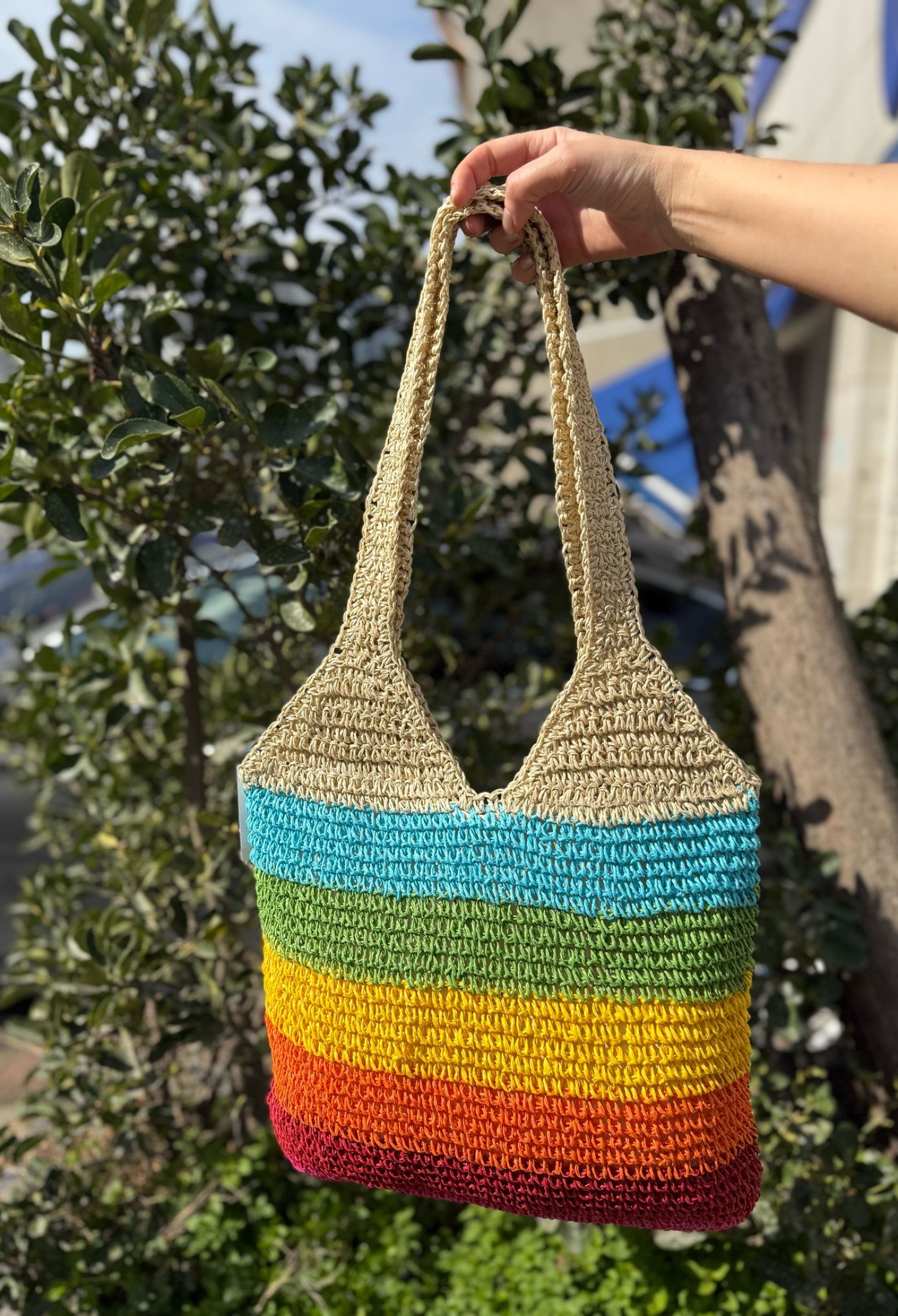 Hand Knitted Rainbow Stripe Straw Bag - Multicolor - Brand: Axesoire - Women & Kids, Baby Clothes Wholesale - TheBS Women