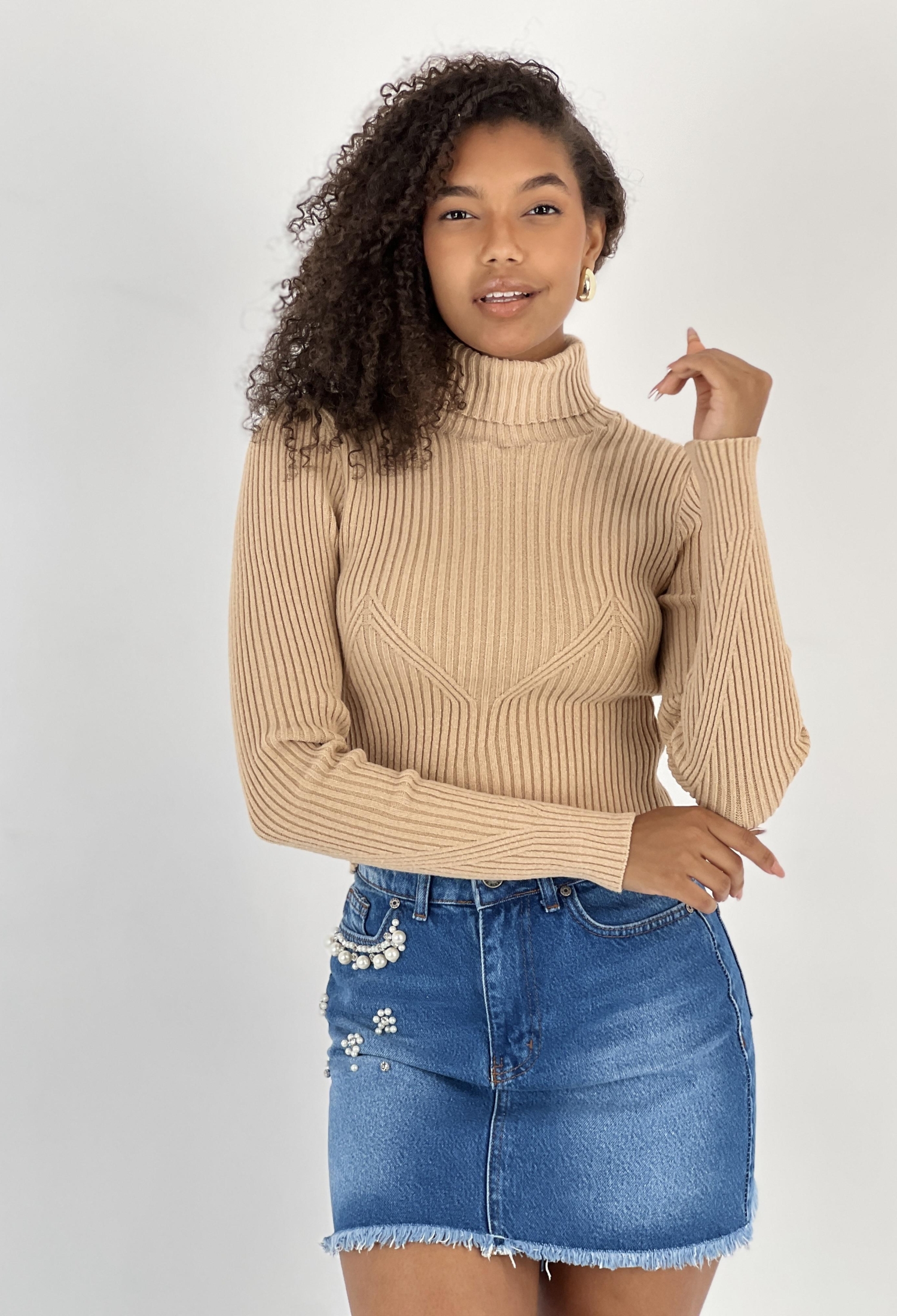 Beige Turtle Neck Slim Fit Sweater - Brand: MISS POEM - Women & Kids, Baby Clothes Wholesale - TheBS Women