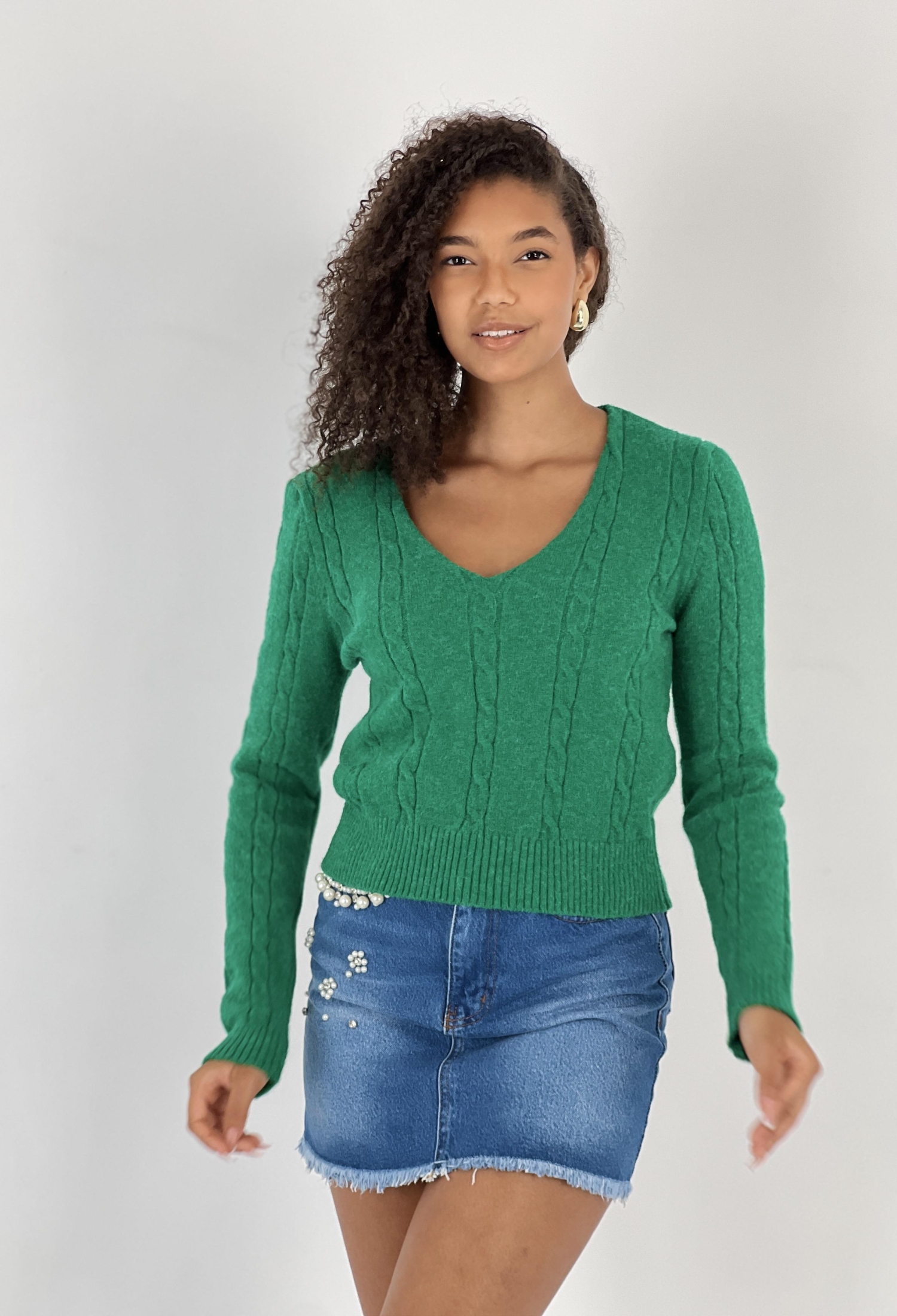 Green Casual V-Neck Sweater With Long Sleeves - Brand: MISS POEM - Women & Kids, Baby Clothes Wholesale - TheBS Women
