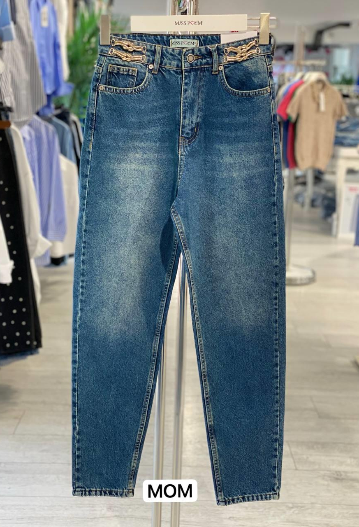 Blue Mom Jeans With Buttoned Closure And Straight Legs - Brand: MISS POEM - Women & Kids, Baby Clothes Wholesale - TheBS Women