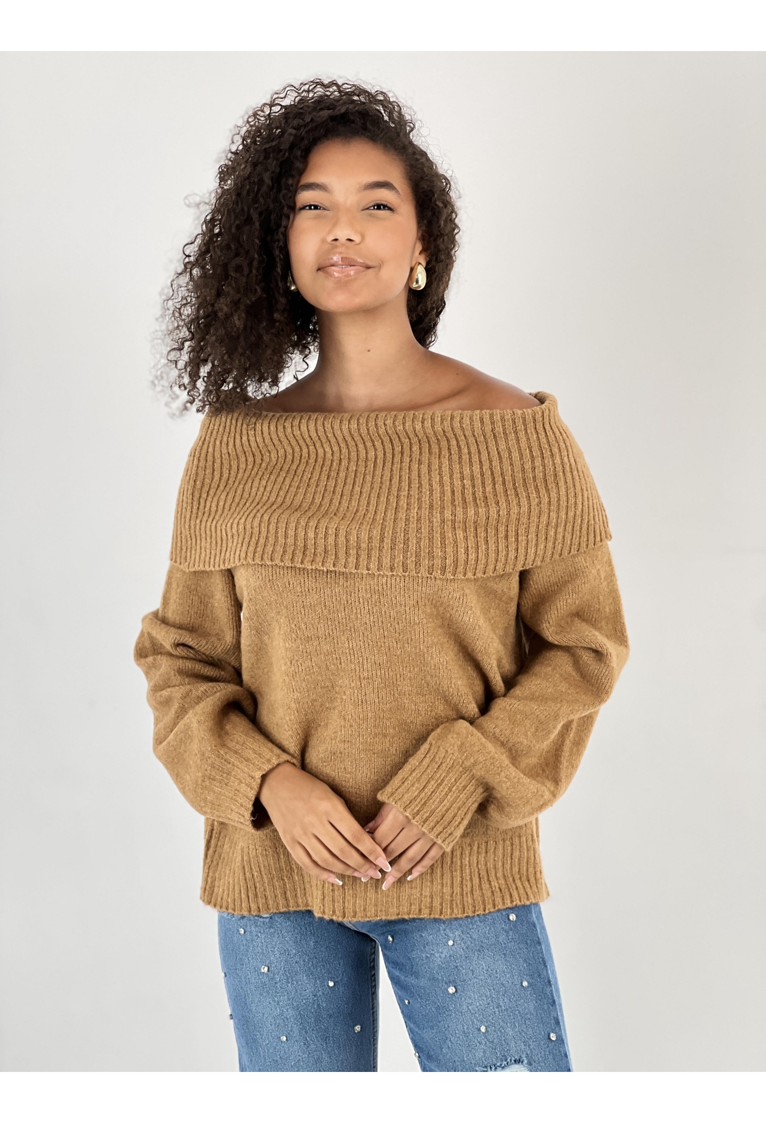 Brown Casual Elegant Sweater With Off Shoulder Neck - Brand: MISS POEM - Women & Kids, Baby Clothes Wholesale - TheBS Women