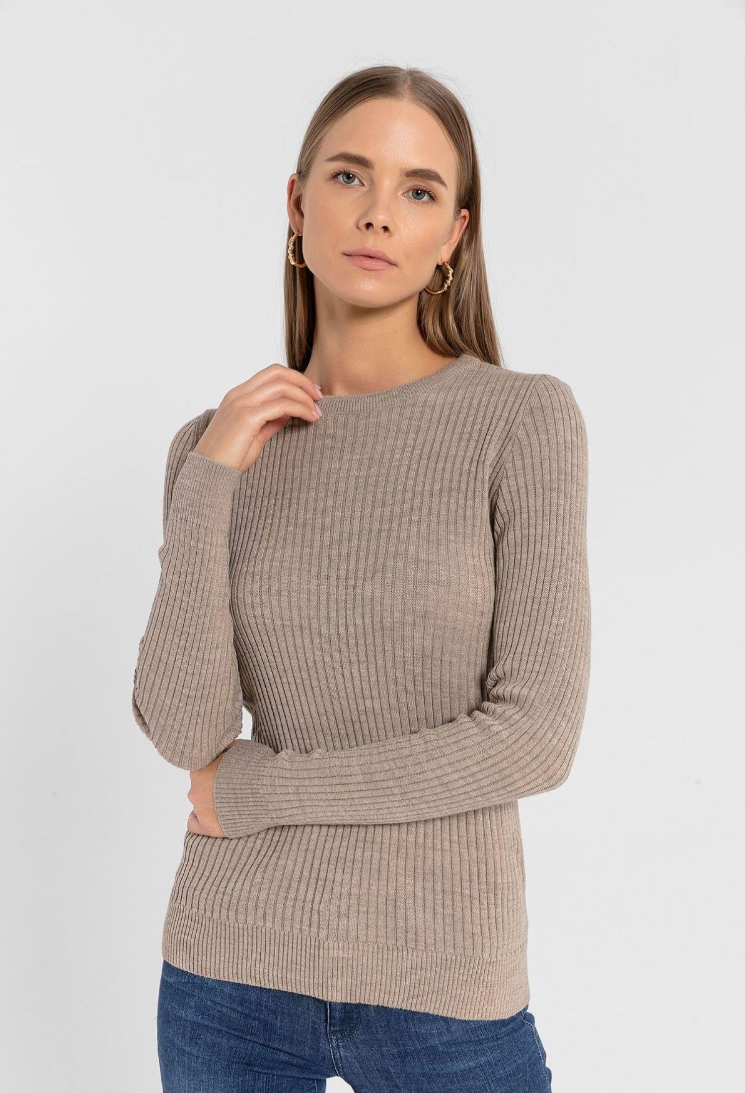 Beige Striped Slim Fit Sweater With Round Neck - Brand: MISS POEM - Women & Kids, Baby Clothes Wholesale - TheBS Women