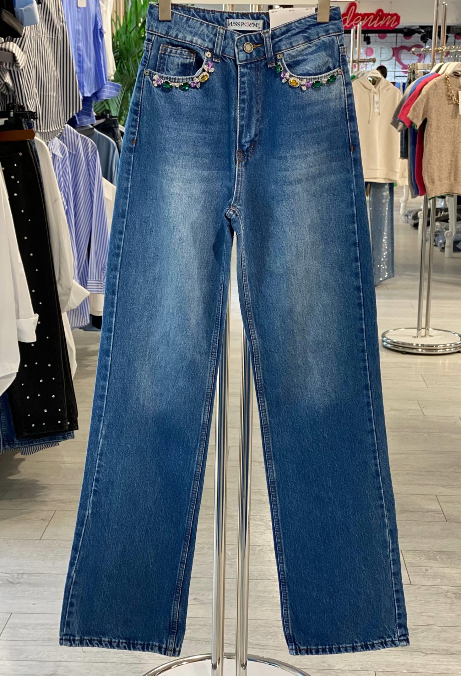 Blue Mom Jeans With Buttoned Closure And Straight Leg - Brand: MISS POEM - Women & Kids, Baby Clothes Wholesale - TheBS Women
