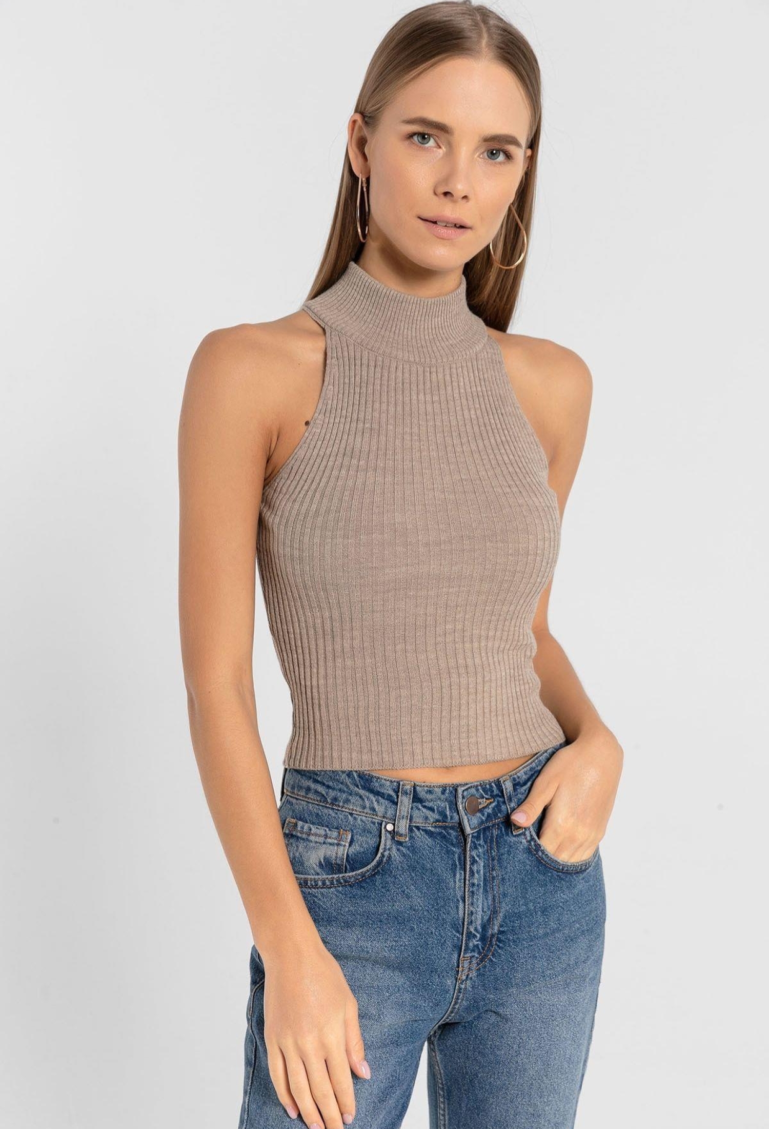 Beige Sleeveless Slim Fit High Neck Crop Sweater - Brand: MISS POEM - Women & Kids, Baby Clothes Wholesale - TheBS Women
