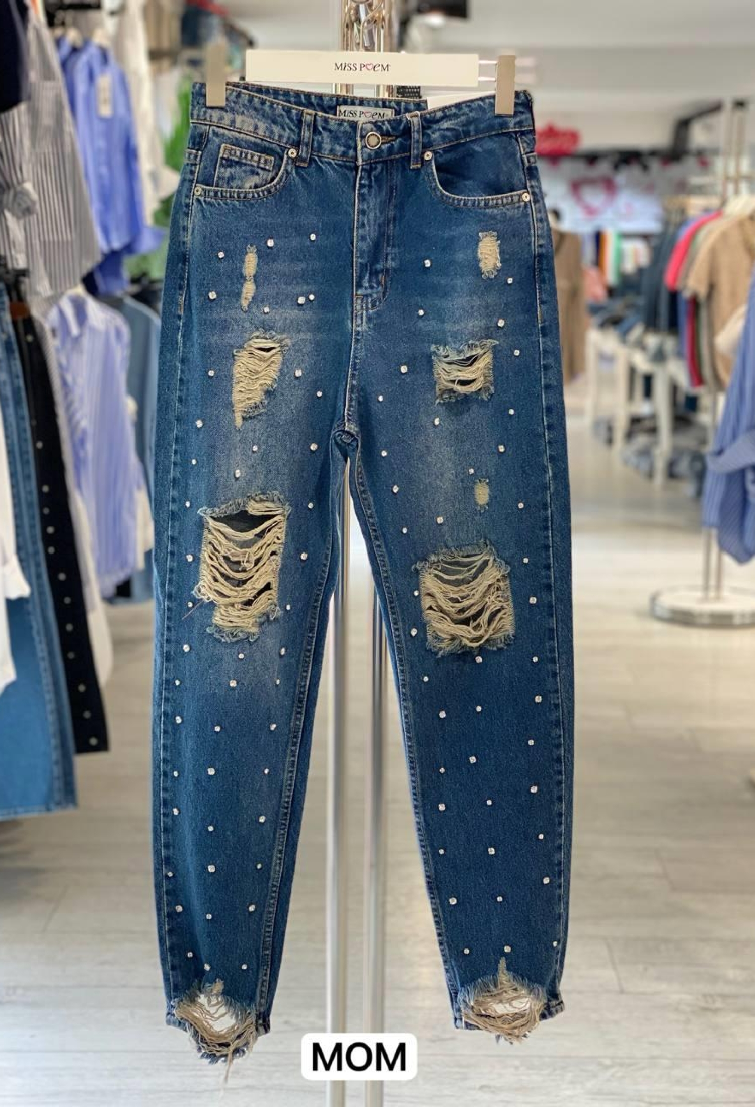 Blue Mom Jeans With Bleached Patch Pockets - Brand: MISS POEM - Women & Kids, Baby Clothes Wholesale - TheBS Women