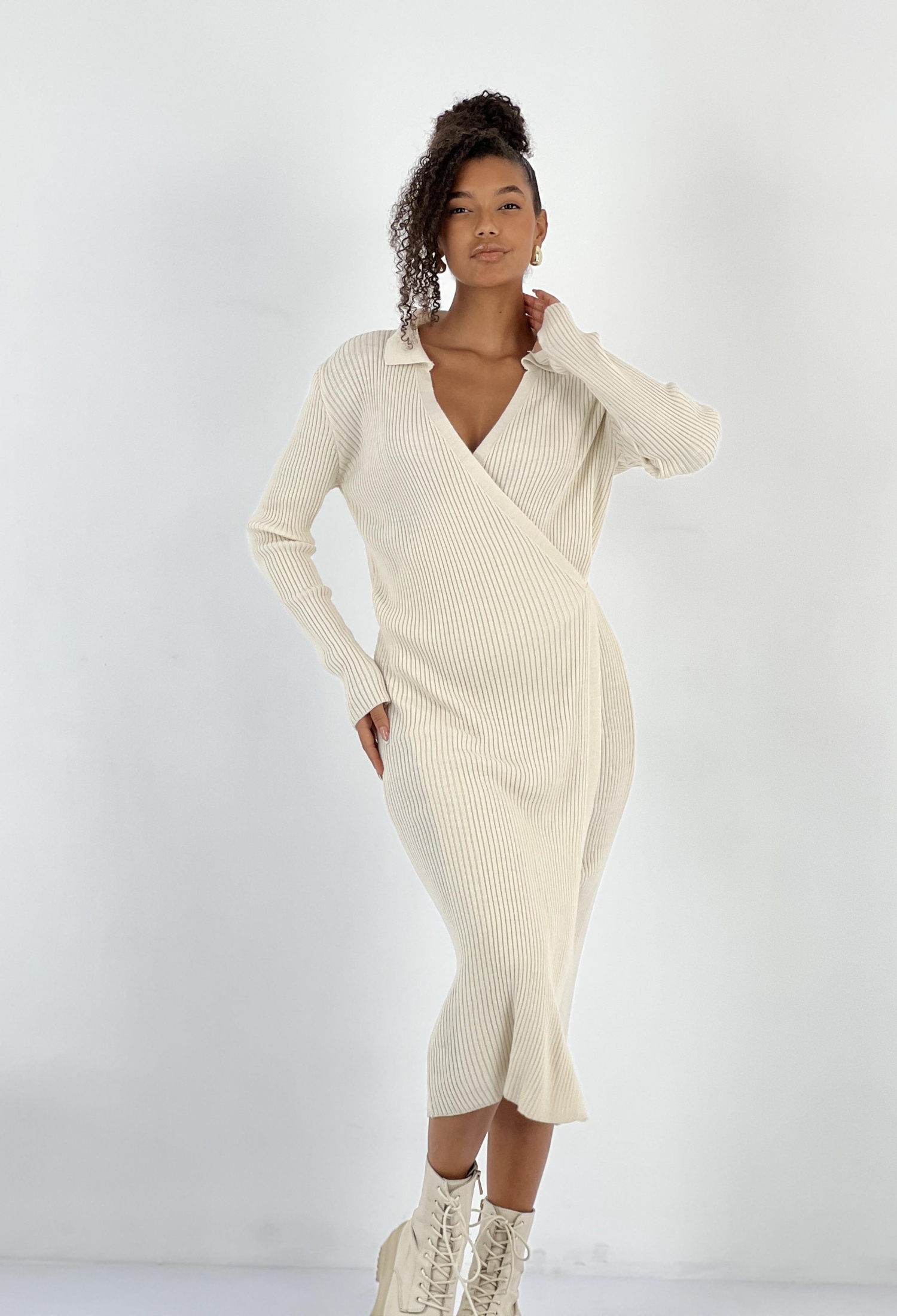 Beige Wrap Dress With Notched Neck And Long Sleeves - Brand: MISS POEM - Women & Kids, Baby Clothes Wholesale - TheBS Women